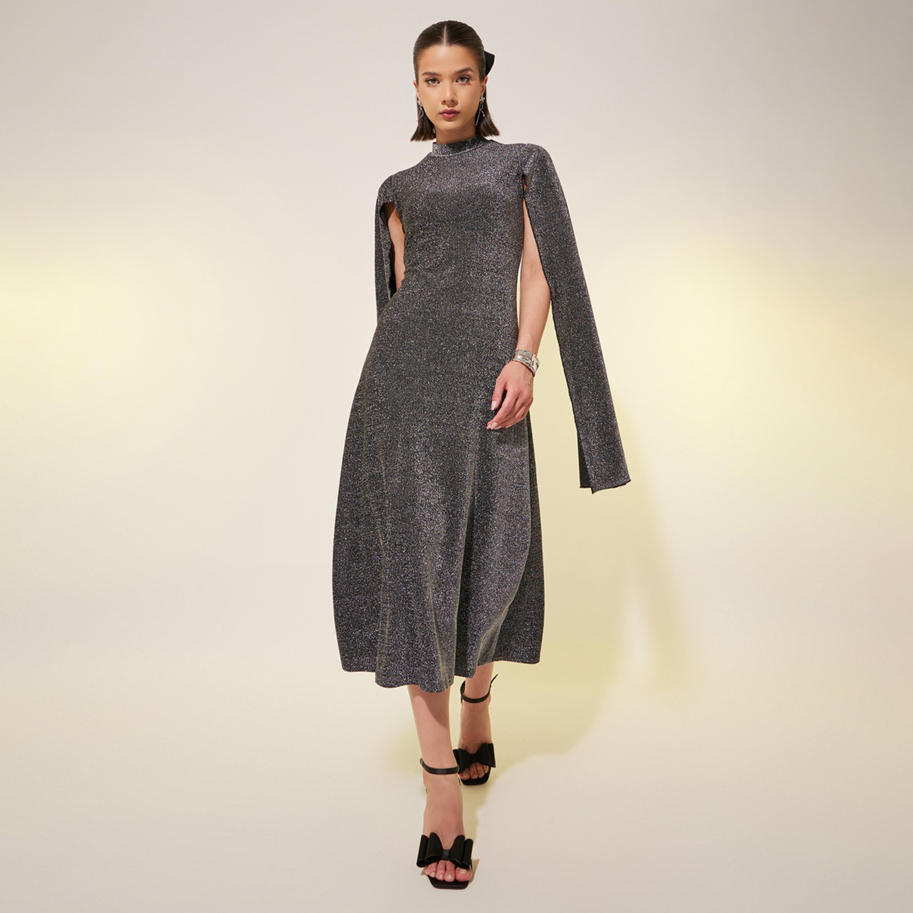 ستايلي - فستان متوسط الطول بلمعة معدنية وياقة عالية-women-clothing-dresses-image-2