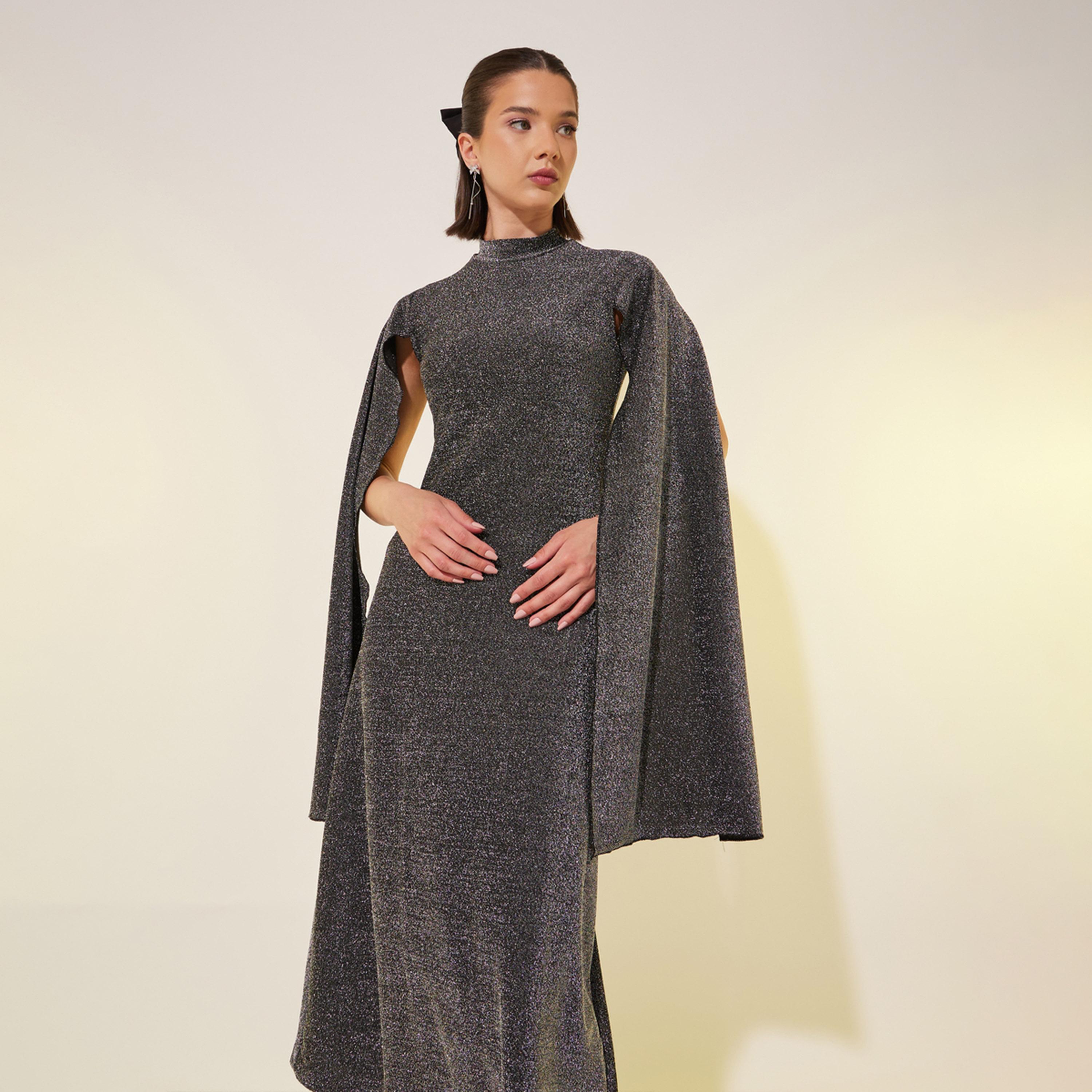 Styli Metallic Design High Neck Sheath Midi Dress-women-clothing-dresses-image-3