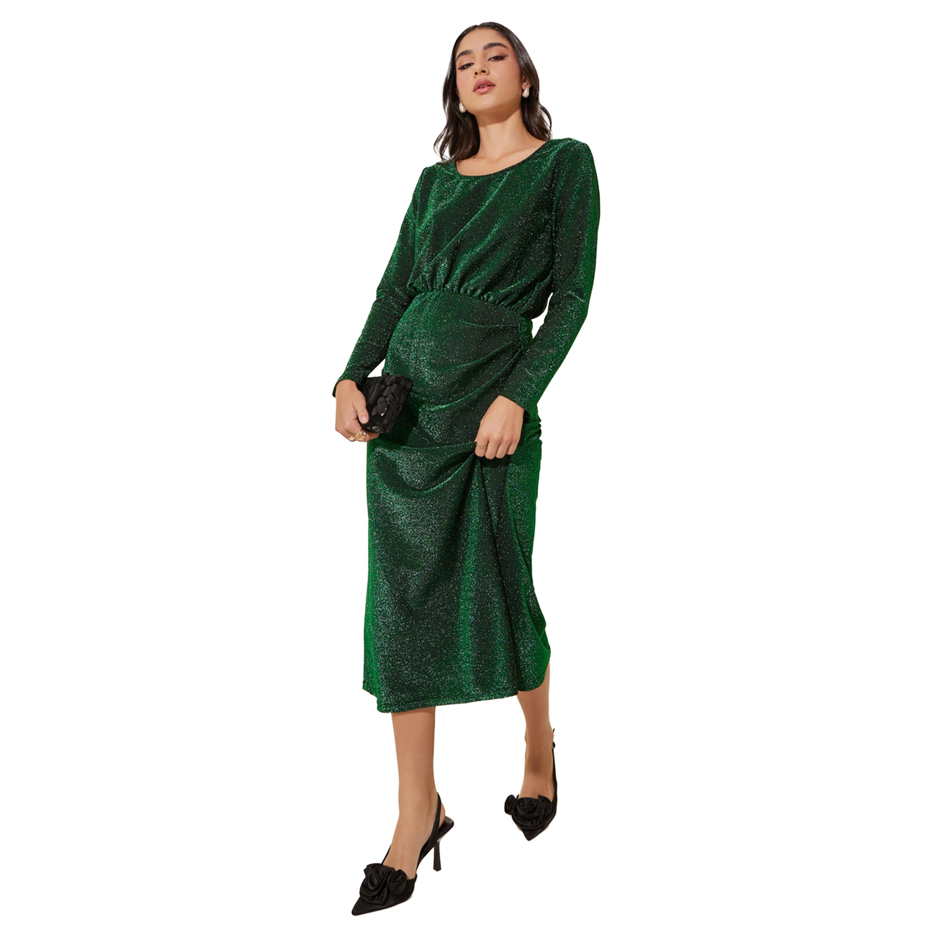 Take Two Metallic Design Long Sleeves Sheath Midi Dress-women-clothing-dresses-image-1