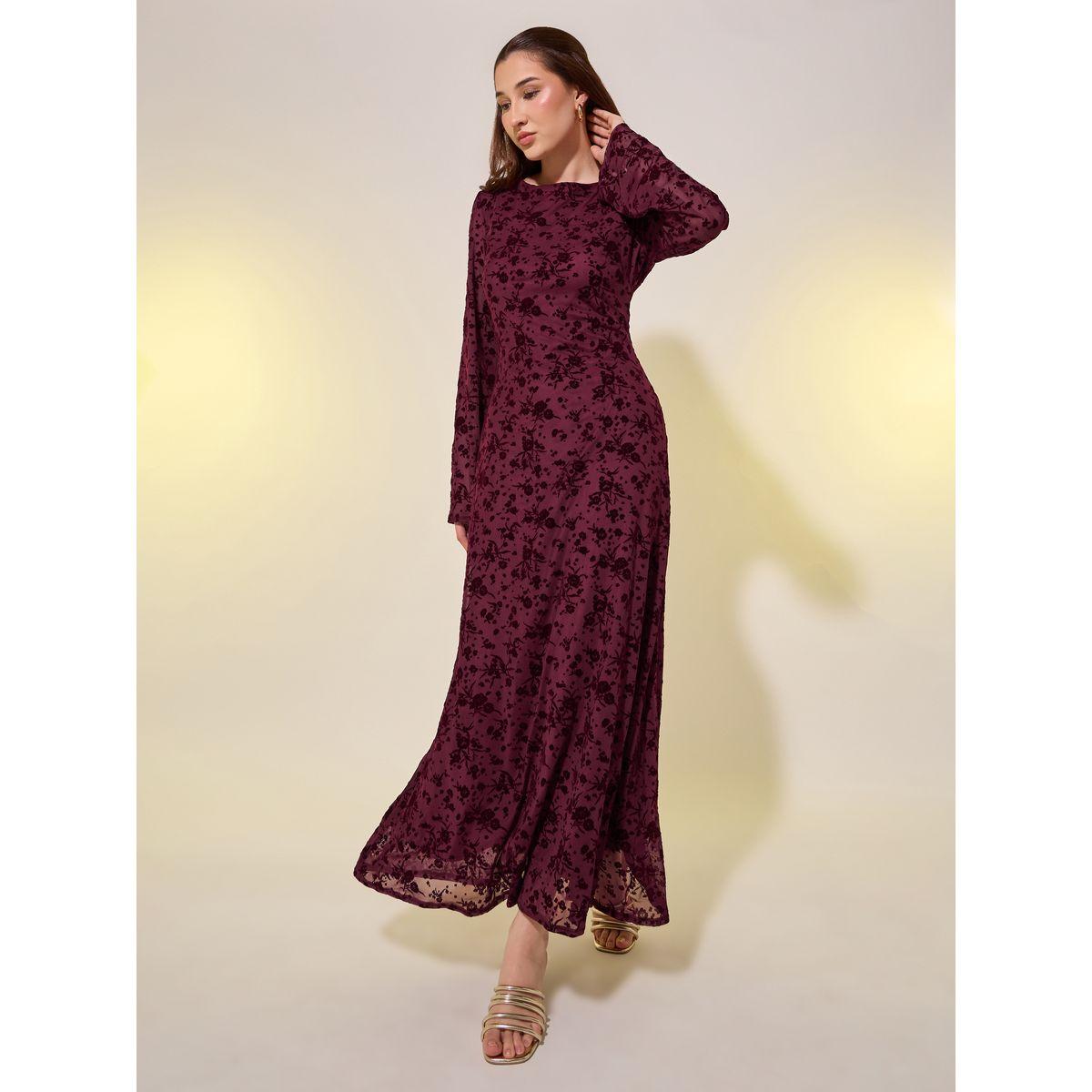 Styli Floral Burnout Jacquard Long Sleeves A-Line Maxi Dress-women-clothing-dresses-image-1