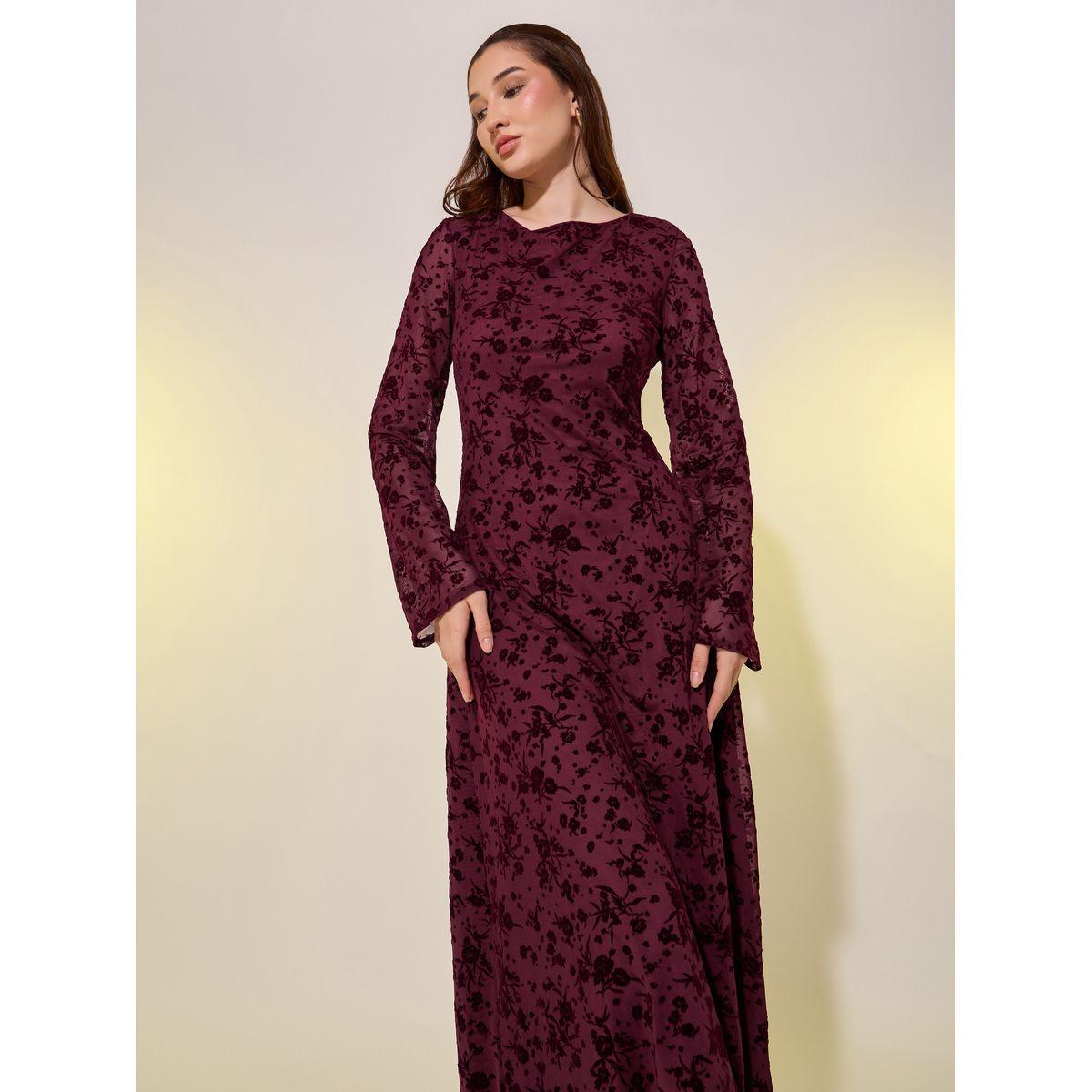 Styli Floral Burnout Jacquard Long Sleeves A-Line Maxi Dress-women-clothing-dresses-image-3