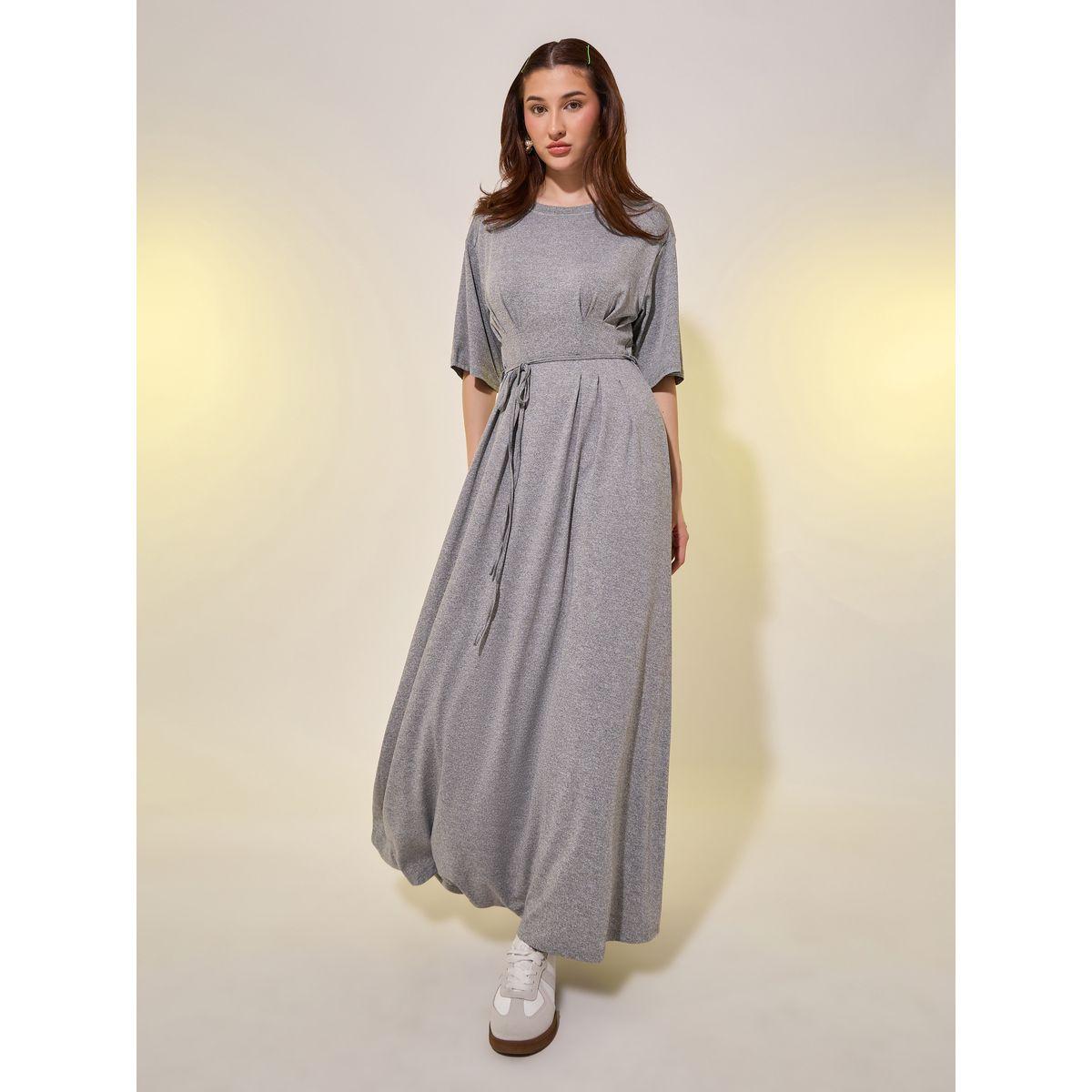 Styli Solid Pleated Tie Detail A-Line Midi Dress-women-clothing-dresses-image-2