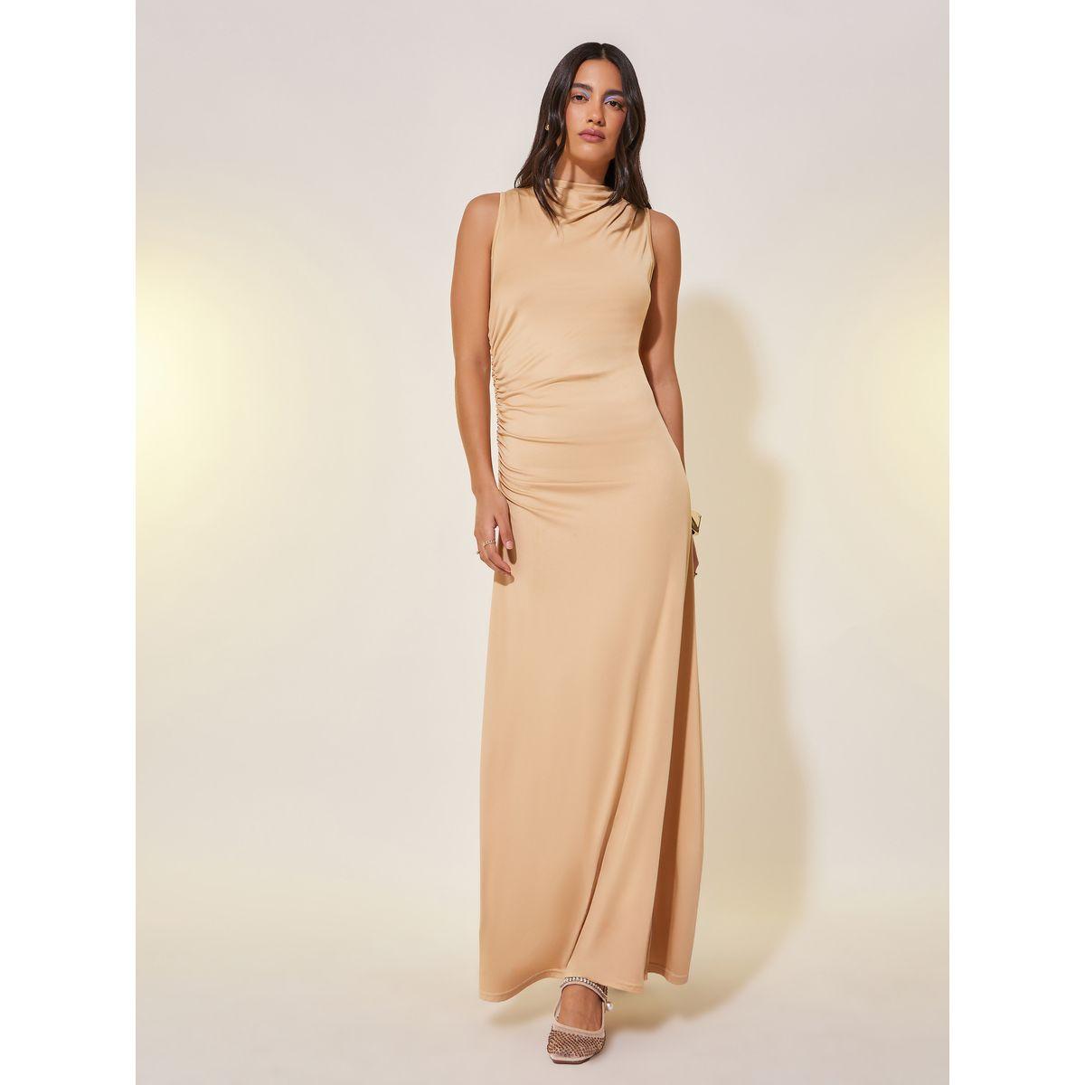 فستان ميدي سادة بلا أكمام مع تفاصيل مزمومة-women-clothing-dresses-image-1
