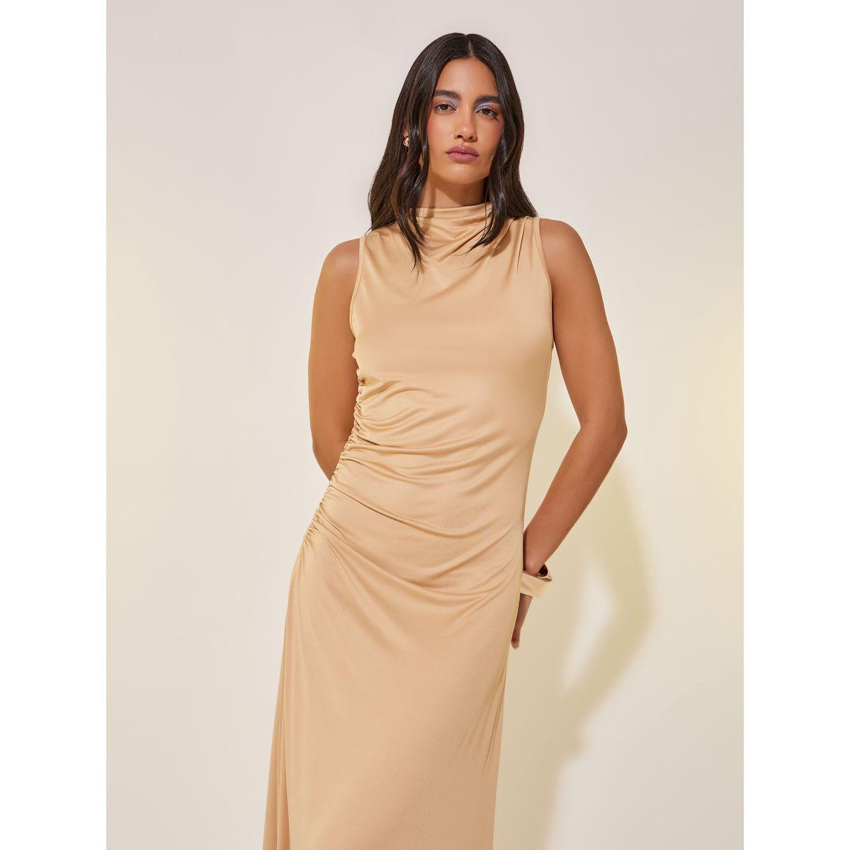 فستان ميدي سادة بلا أكمام مع تفاصيل مزمومة-women-clothing-dresses-image-3
