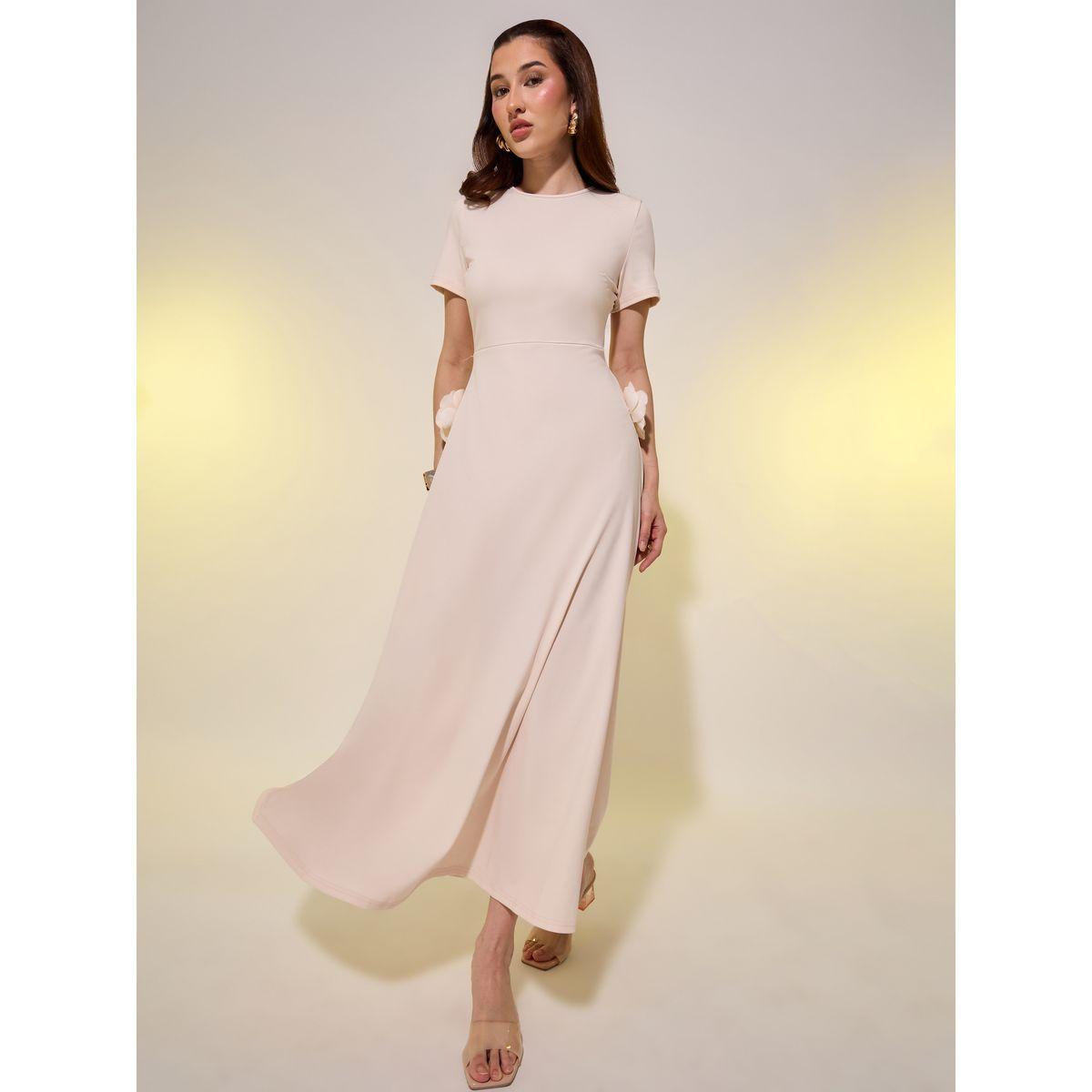 Styli Solid Short Sleeve A-Line Midi Dress with Corsage Detail-women-clothing-dresses-image-2