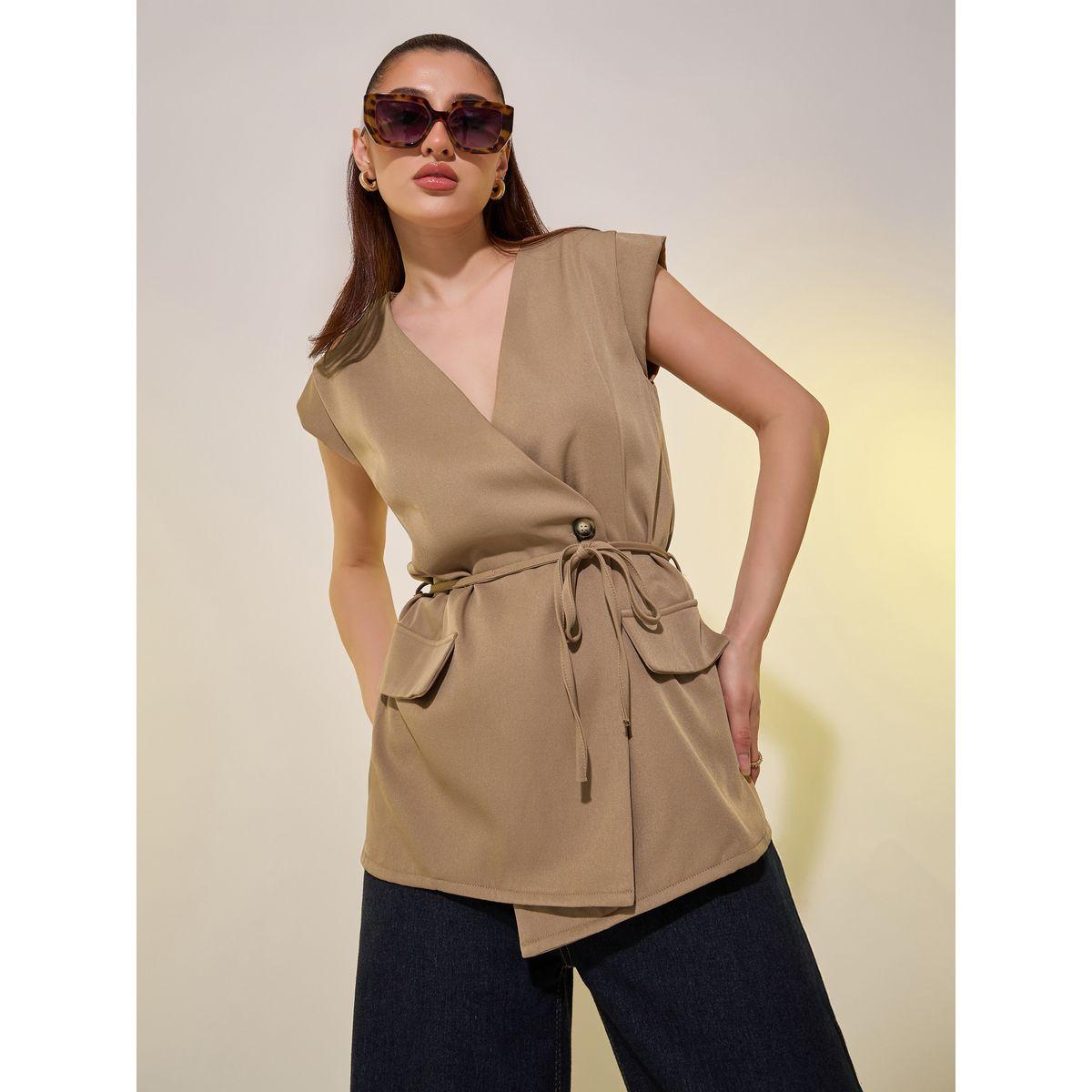 بلوزة سادة بنمط لف وأكمام كاب مع حزام-women-clothing-shirtsandblouses-blouses-image-1
