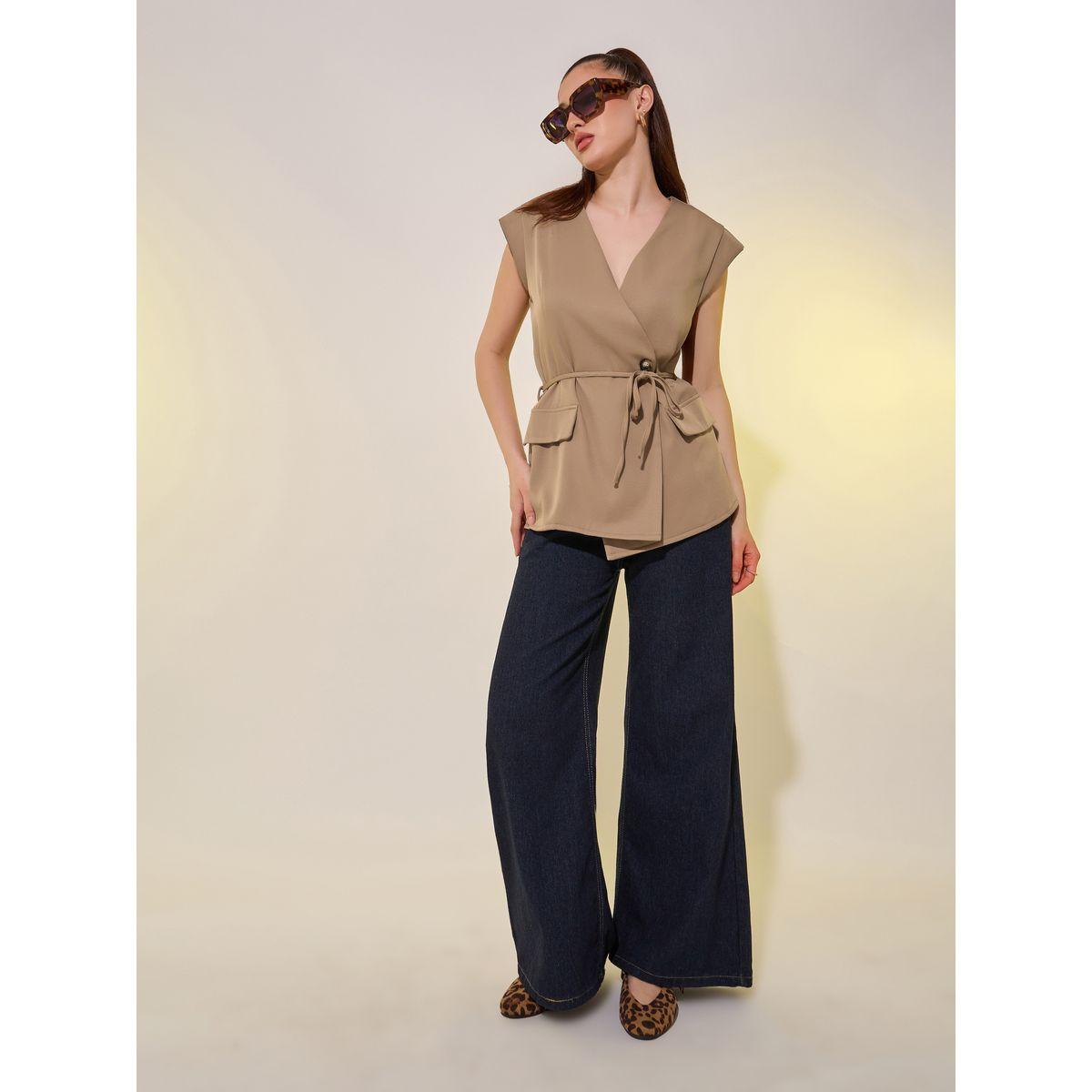 Styli Solid Cap Sleeves Wrap Top with Tie-Up Belt-women-clothing-shirtsandblouses-blouses-image-2