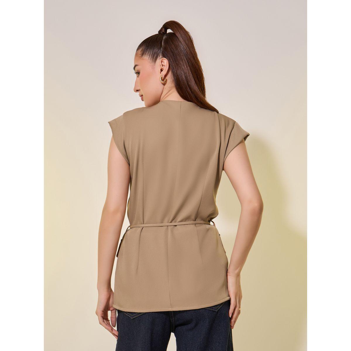 Styli Solid Cap Sleeves Wrap Top with Tie-Up Belt-women-clothing-shirtsandblouses-blouses-image-4