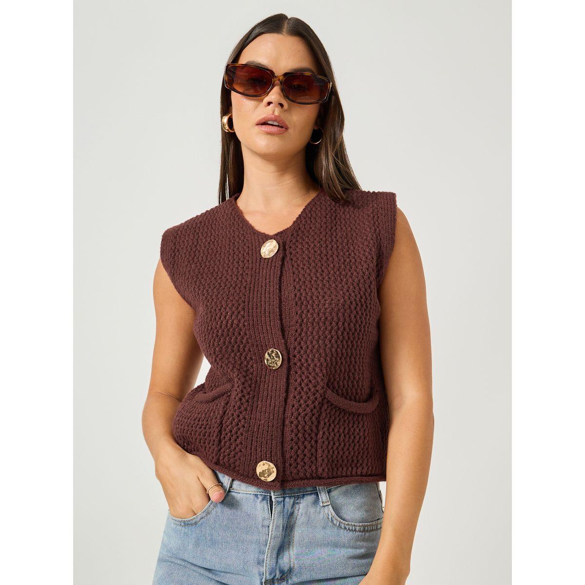 Styli Open Knit Sleeveless Button Front Top-women-clothing-tshirts-image-1
