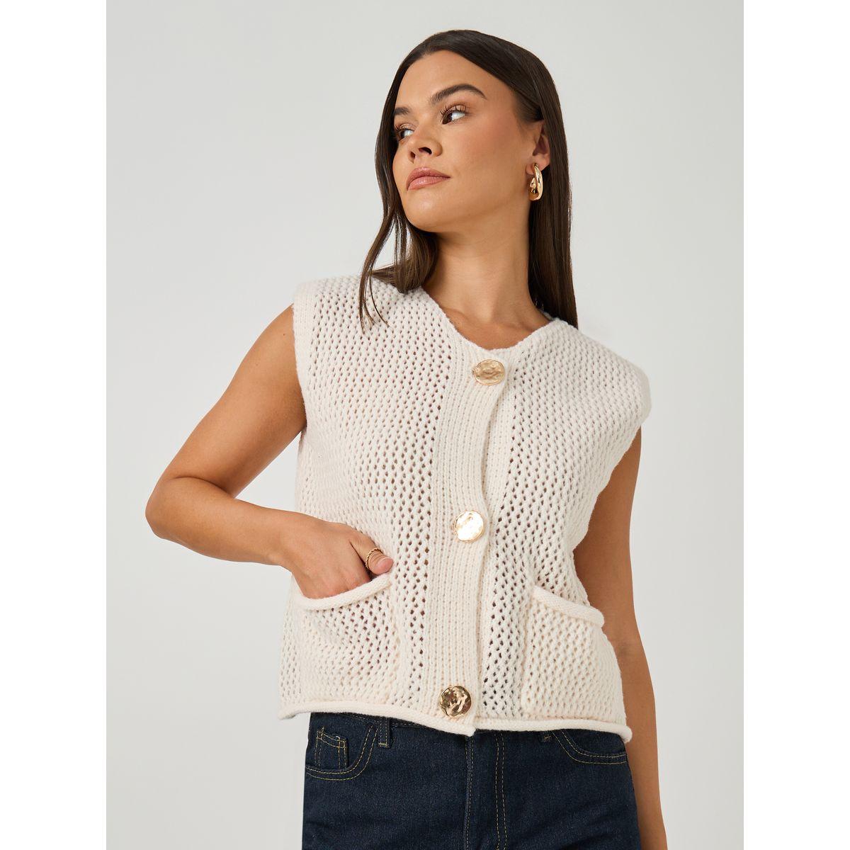Styli Open Knit Sleeveless Button Front Top-women-clothing-tshirts-image-1