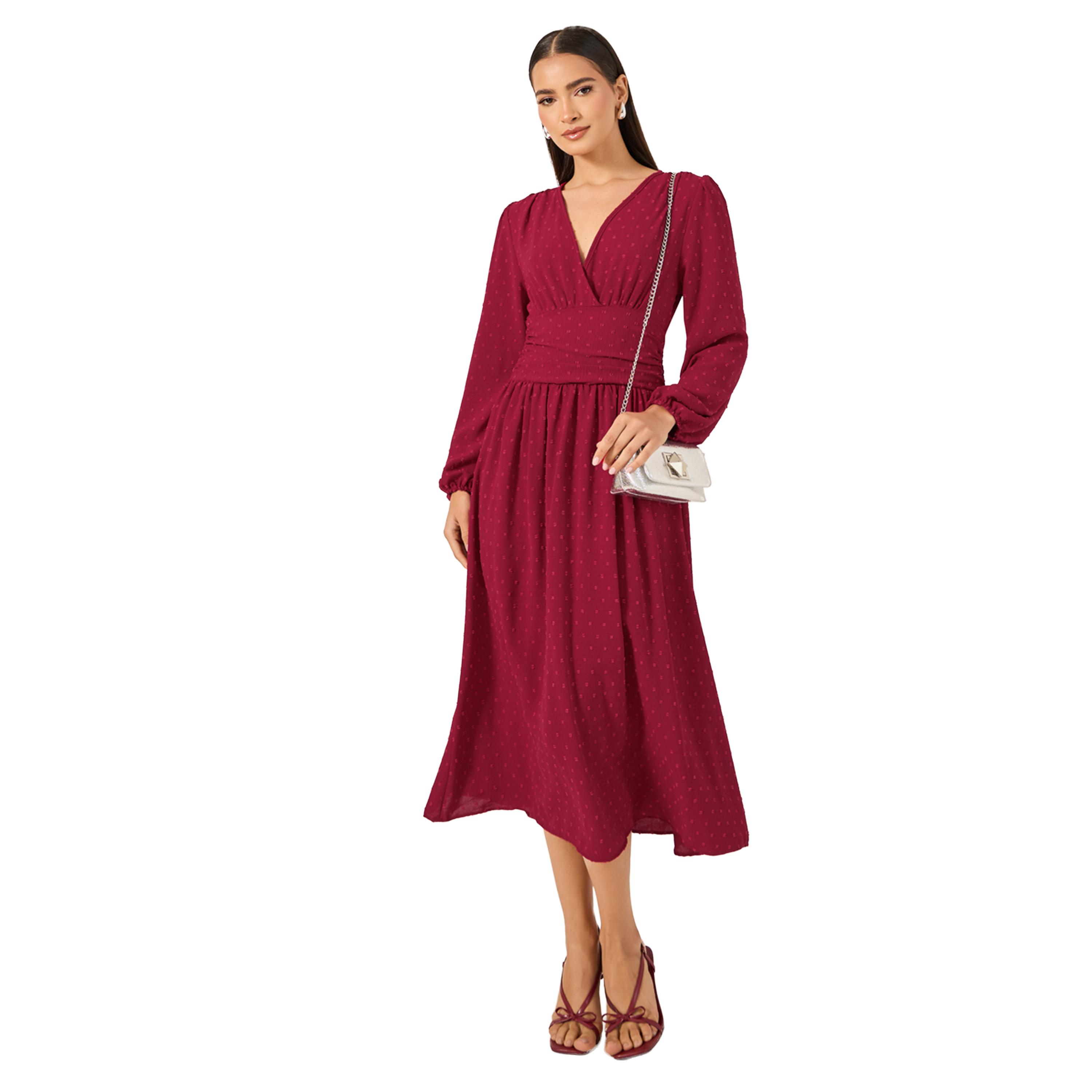 ستايلي - فستان دوبي متوسط الطول بياقة V وقصّة A-women-clothing-dresses-image-1