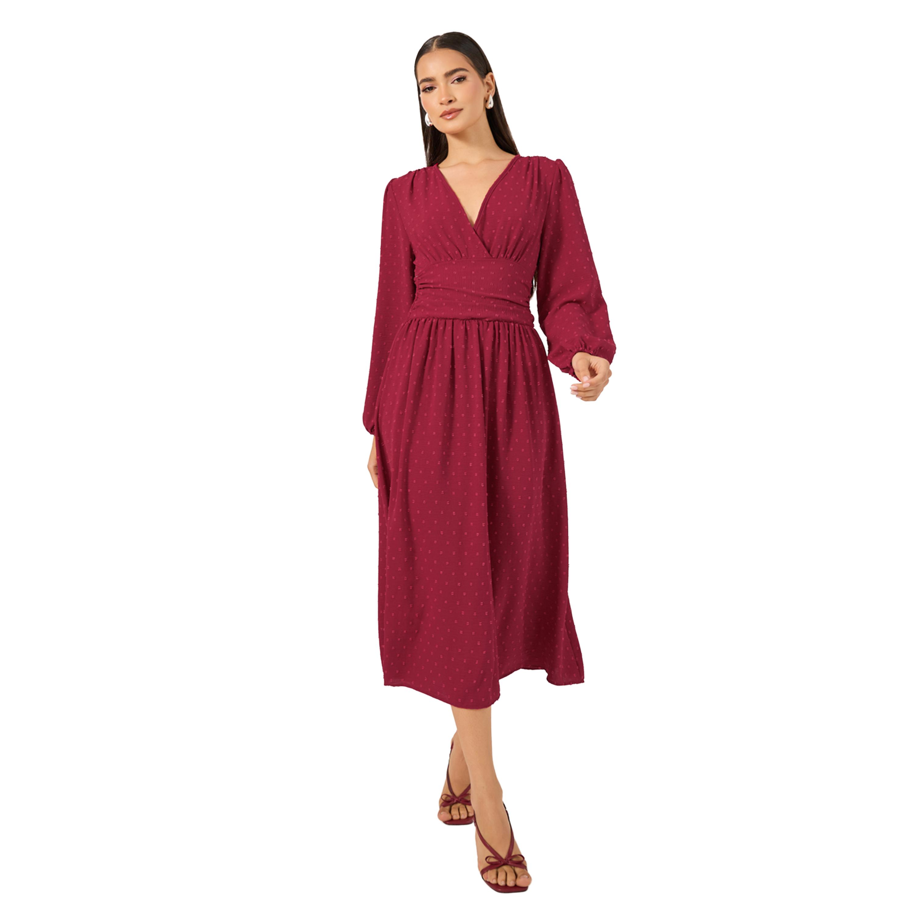 ستايلي - فستان دوبي متوسط الطول بياقة V وقصّة A-women-clothing-dresses-image-2