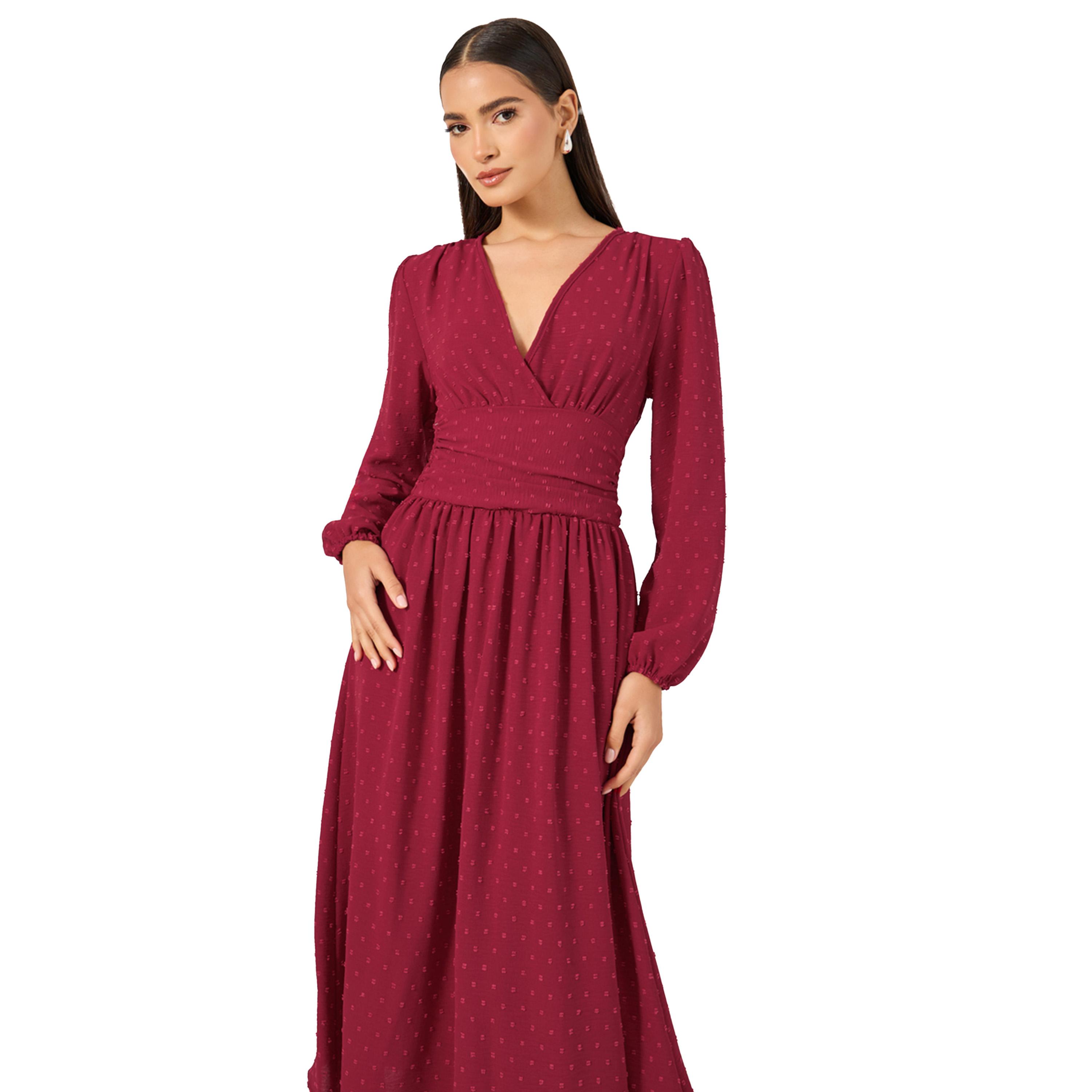 Styli Dobby Design V Neck A-Line Midi Dress-women-clothing-dresses-image-3