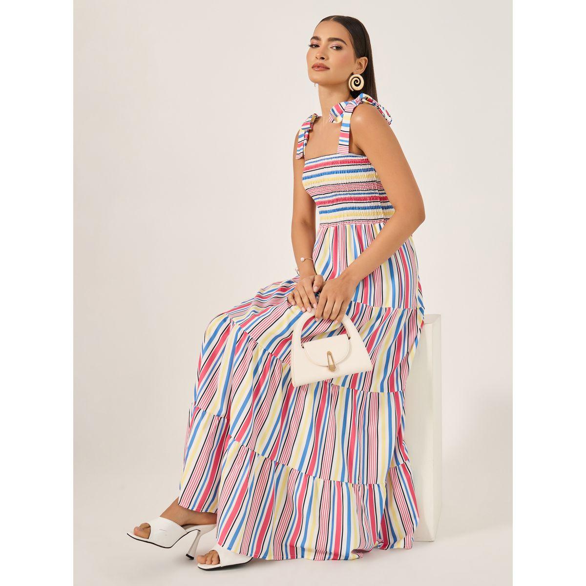 Styli Striped Shirred Tiered Midi Dress-women-clothing-dresses-image-1
