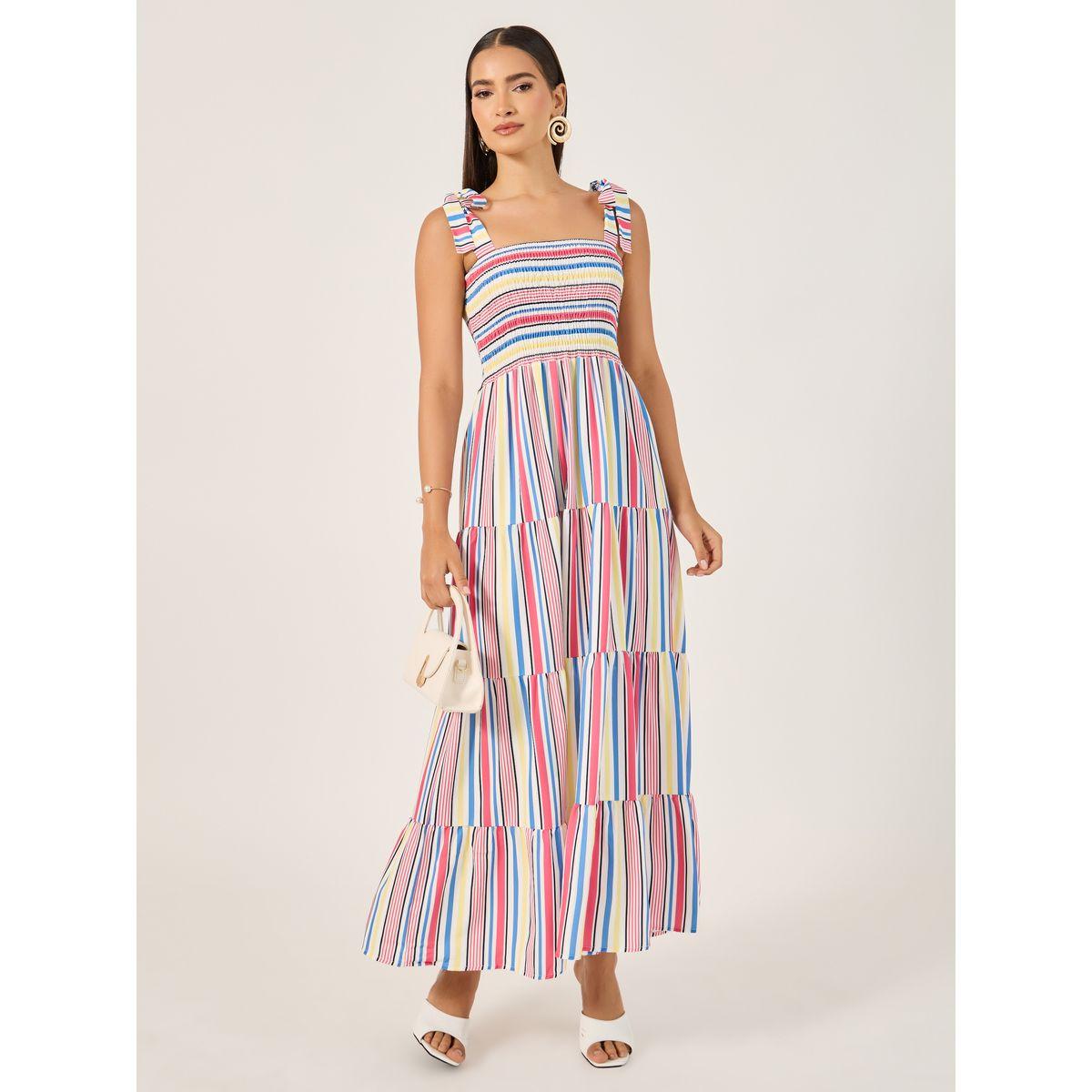 Styli Striped Shirred Tiered Midi Dress-women-clothing-dresses-image-3