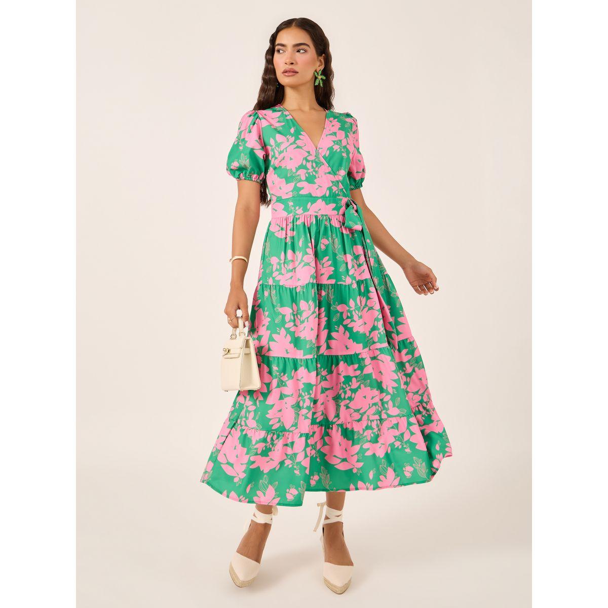 Styli Floral Print Puff Sleeves Wrap Look Tiered Midi Dress-women-clothing-dresses-image-1