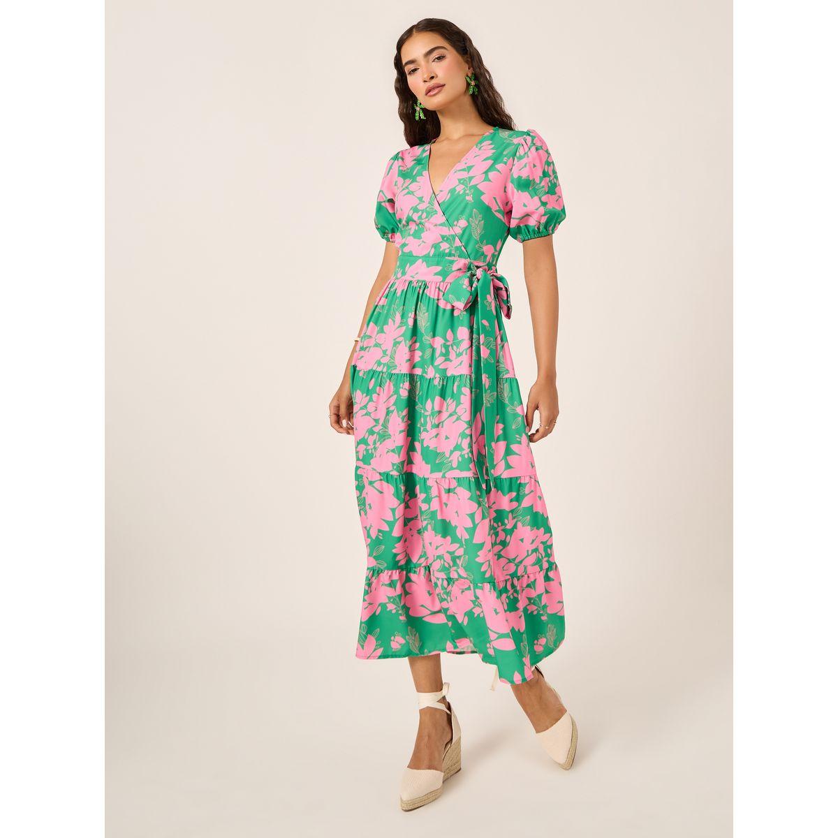 Styli Floral Print Puff Sleeves Wrap Look Tiered Midi Dress-women-clothing-dresses-image-2