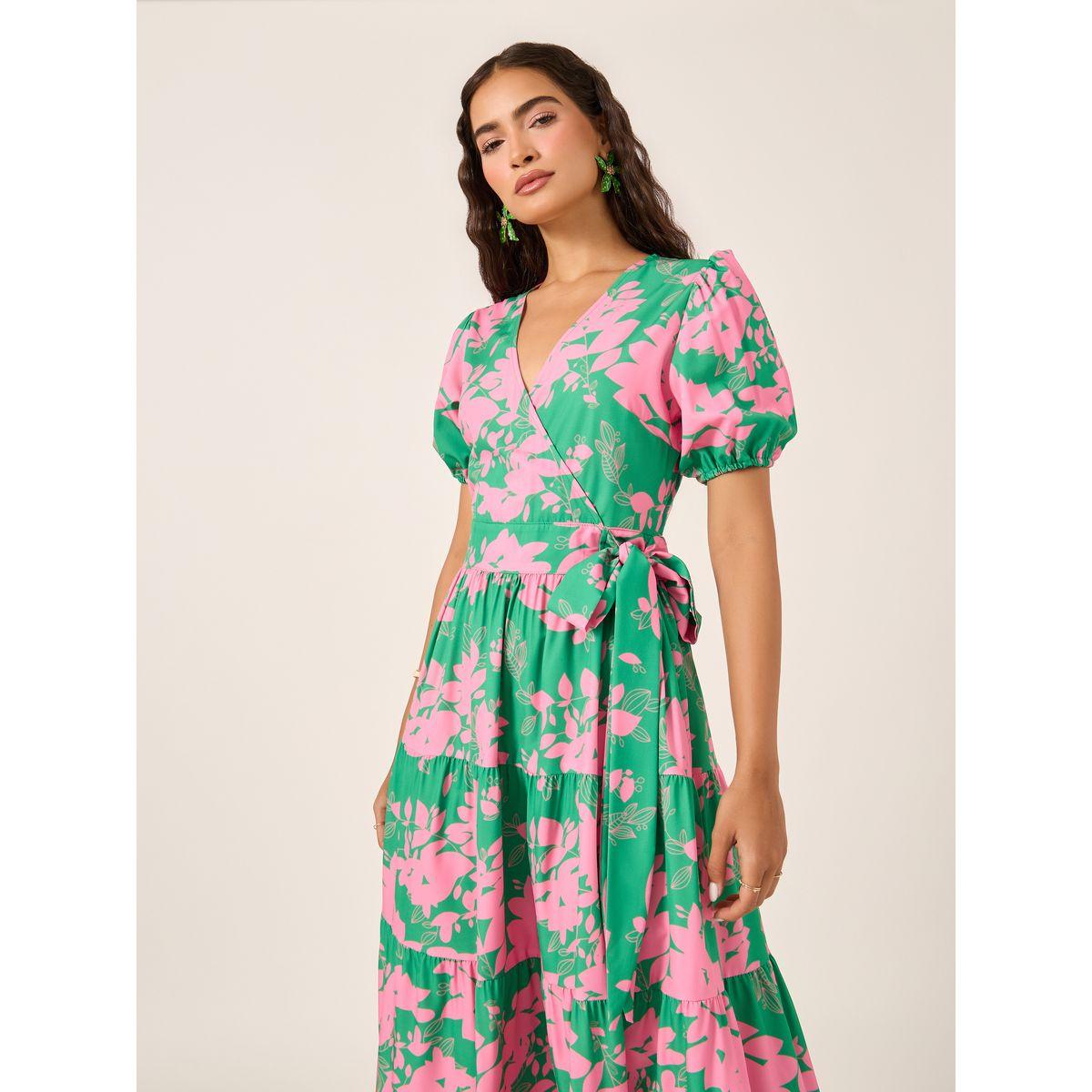 Styli Floral Print Puff Sleeves Wrap Look Tiered Midi Dress-women-clothing-dresses-image-3
