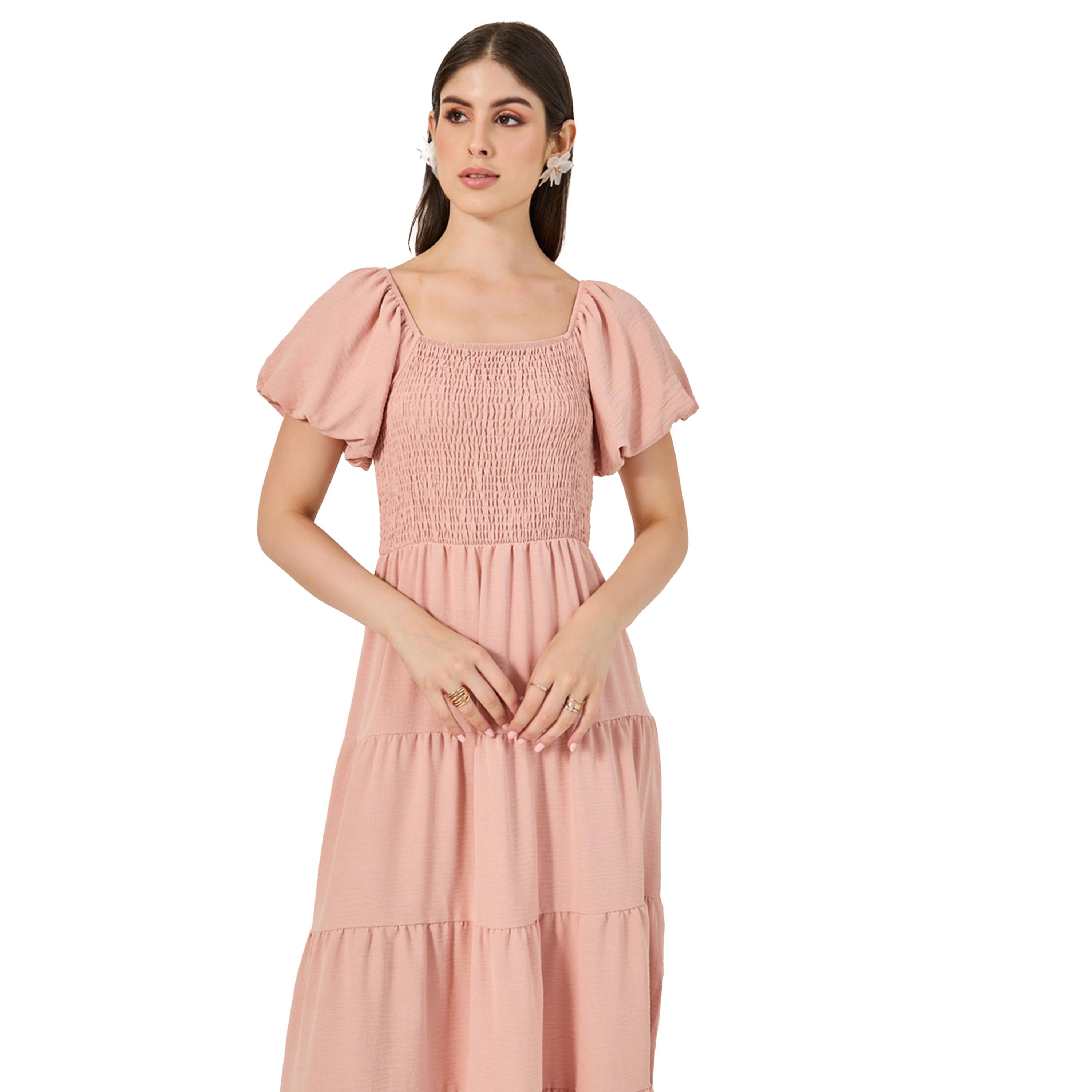ستايلي - فستان متوسط الطول بطبقات مطرزة سادة-women-clothing-dresses-image-3