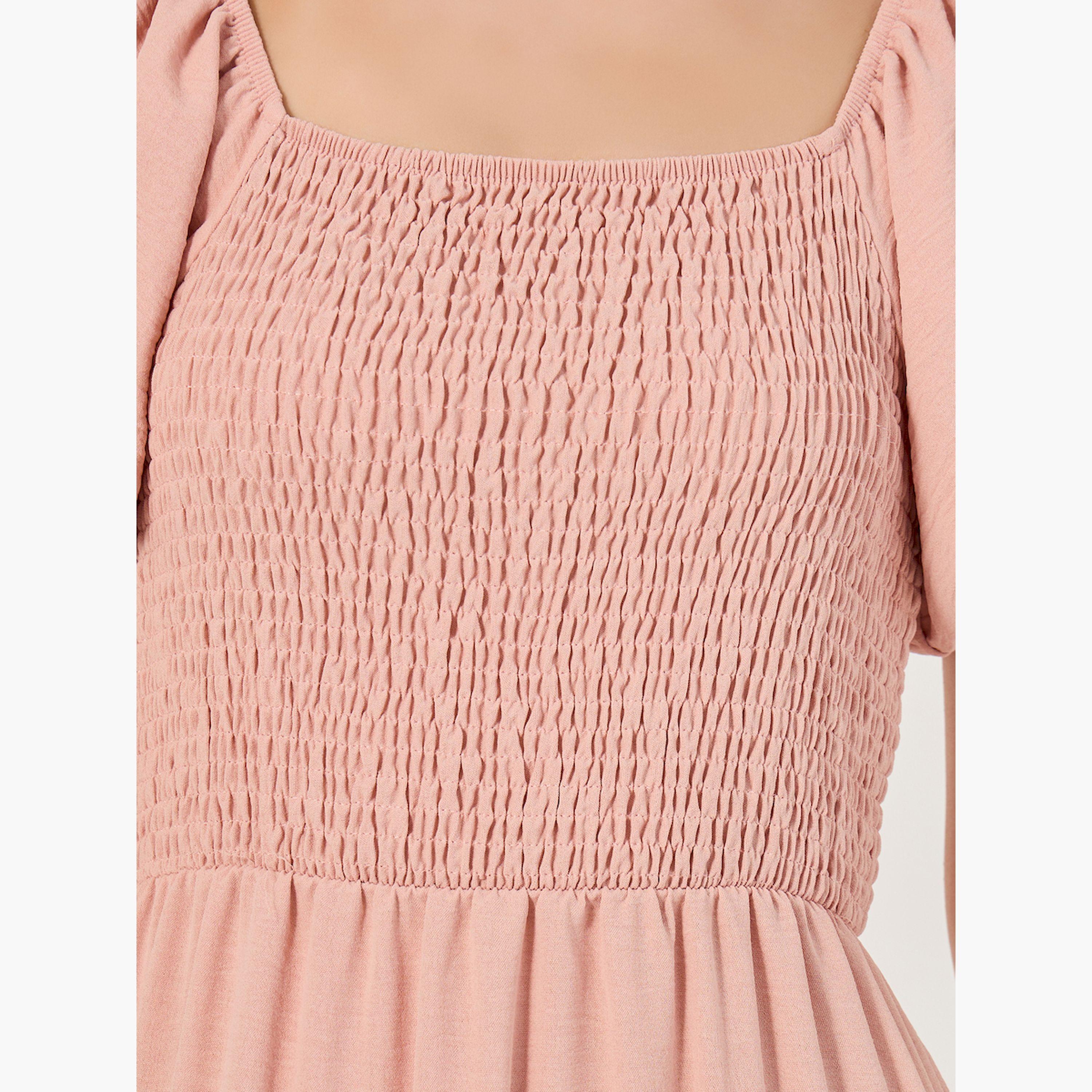 ستايلي - فستان متوسط الطول بطبقات مطرزة سادة-women-clothing-dresses-image-4