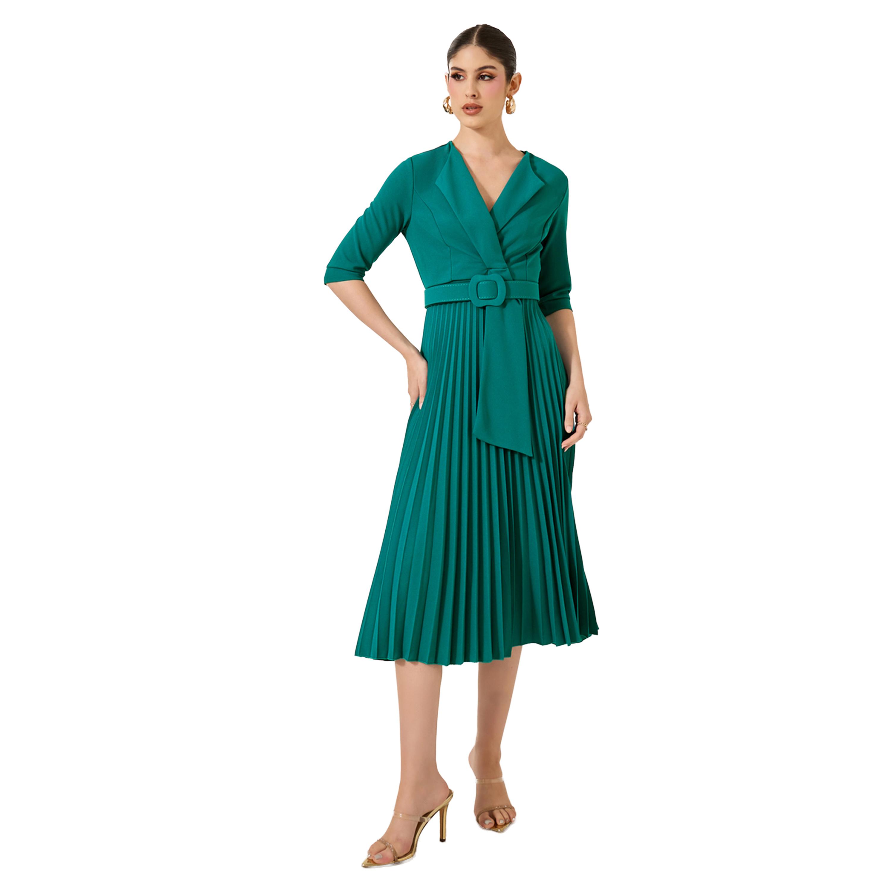 Styli Pleated 3/4th Sleeves A-Line Midi Dress-women-clothing-dresses-image-1