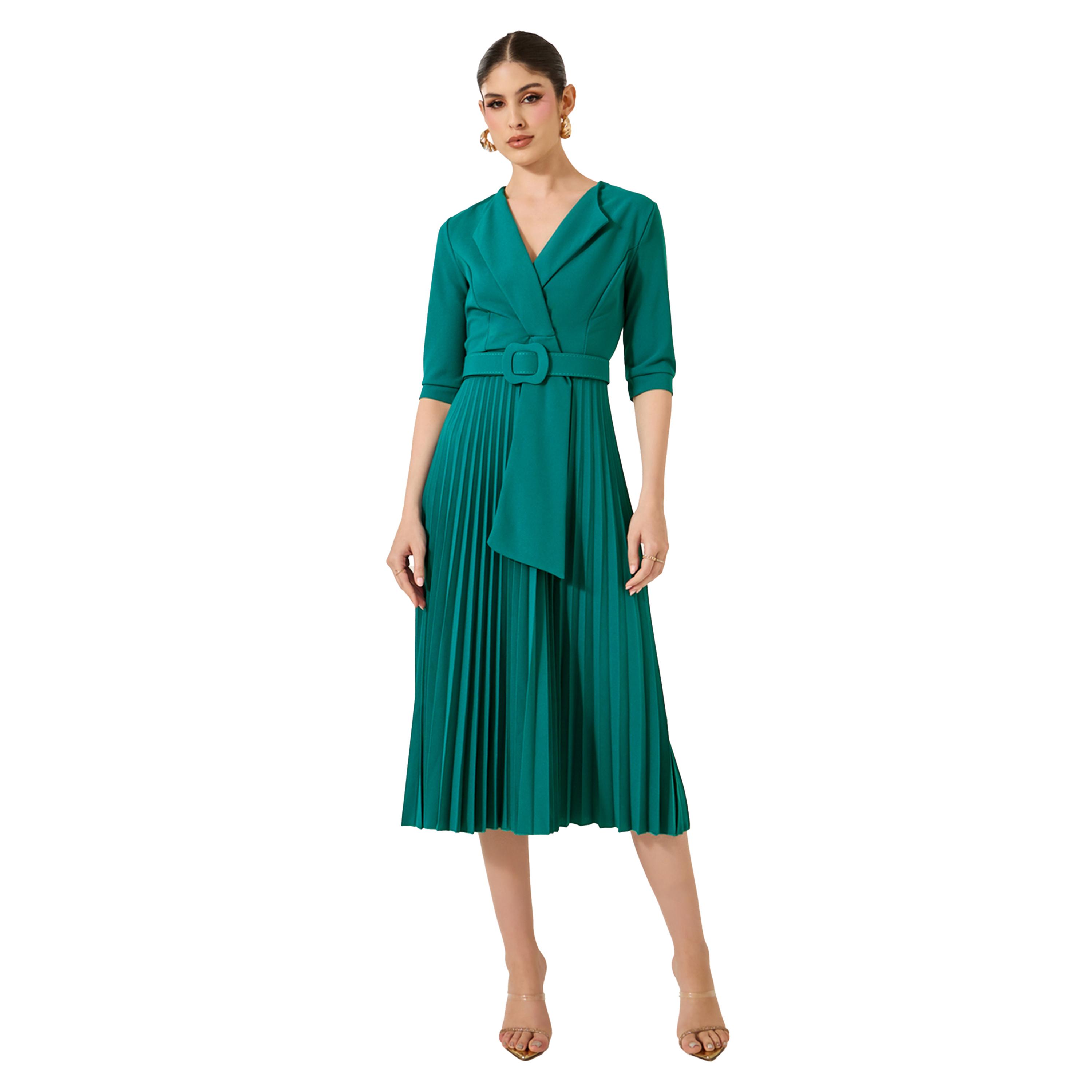 Styli Pleated 3/4th Sleeves A-Line Midi Dress-women-clothing-dresses-image-2
