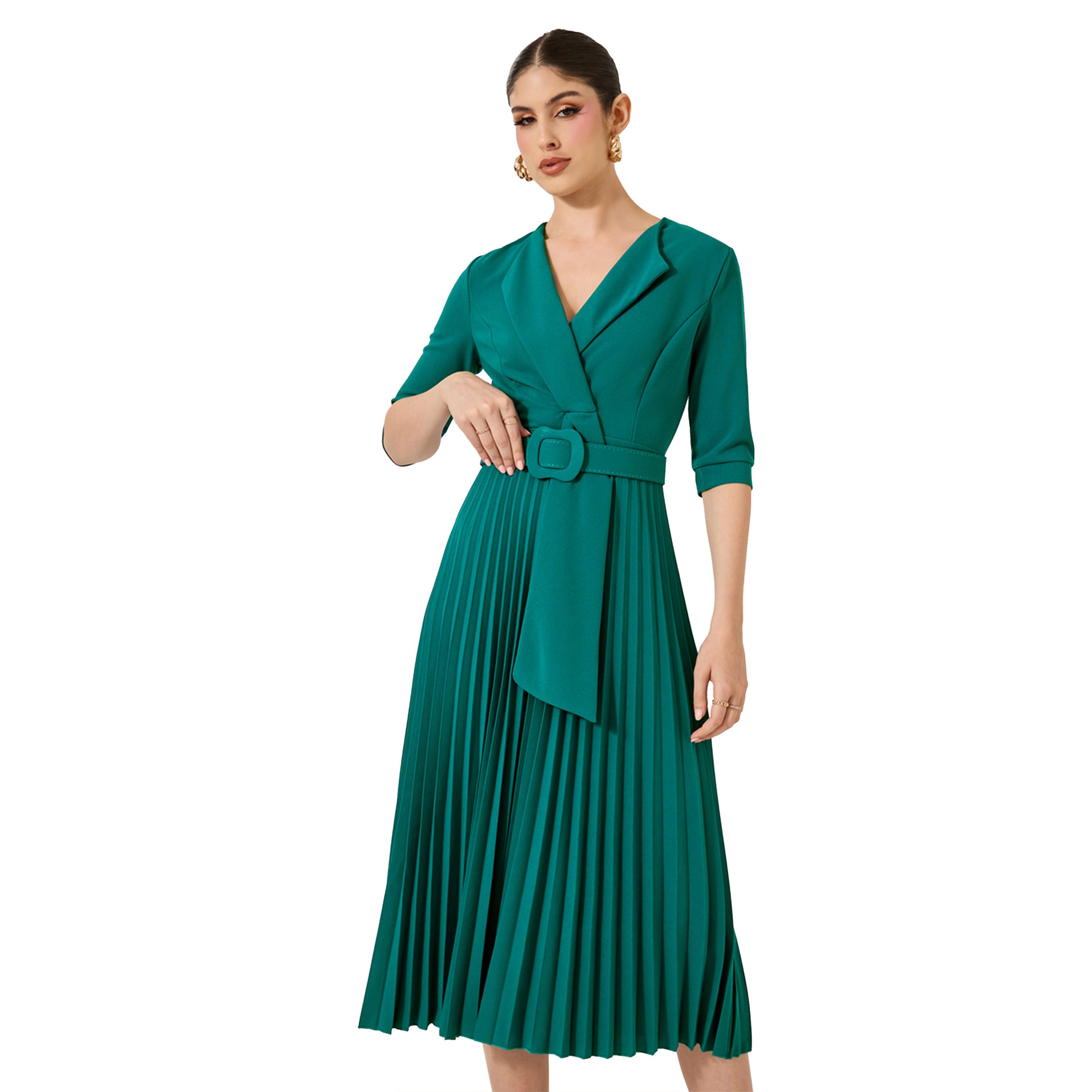 Styli Pleated 3/4th Sleeves A-Line Midi Dress-women-clothing-dresses-image-3