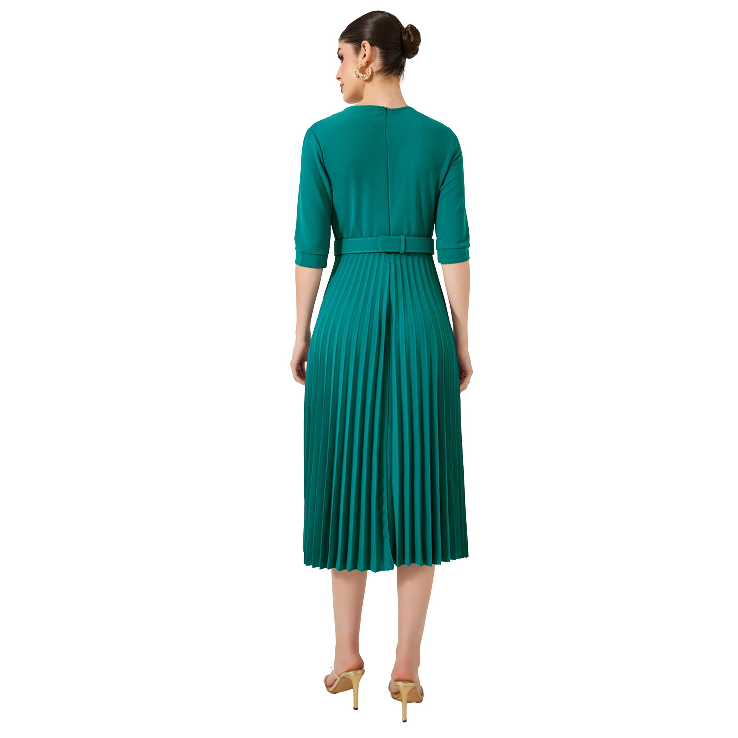 ستايلي - فستان ميدي بقصة A وأكمام بطول ثلاثة أرباع مع طيات-women-clothing-dresses-image-5