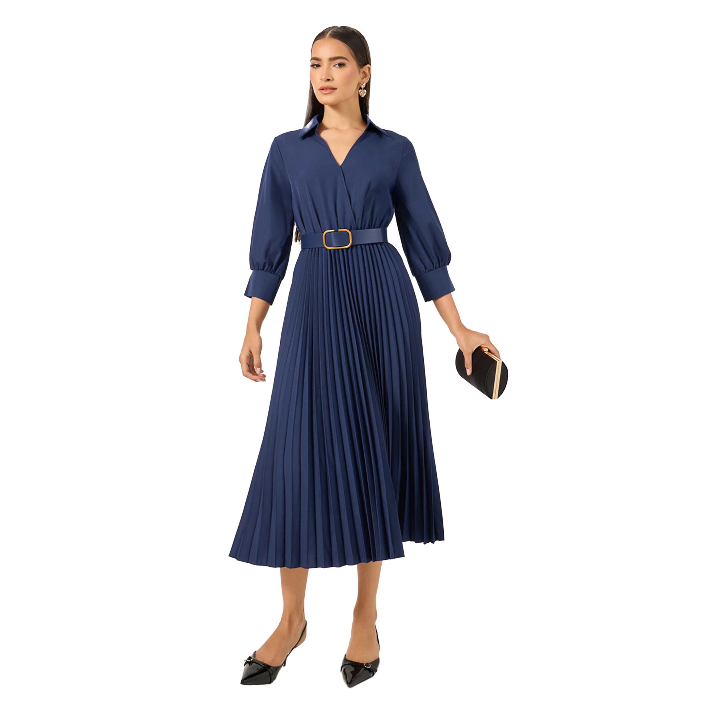 Styli Plain 3/4th Sleeves Belted A-Line Midi Dress-women-clothing-dresses-image-1