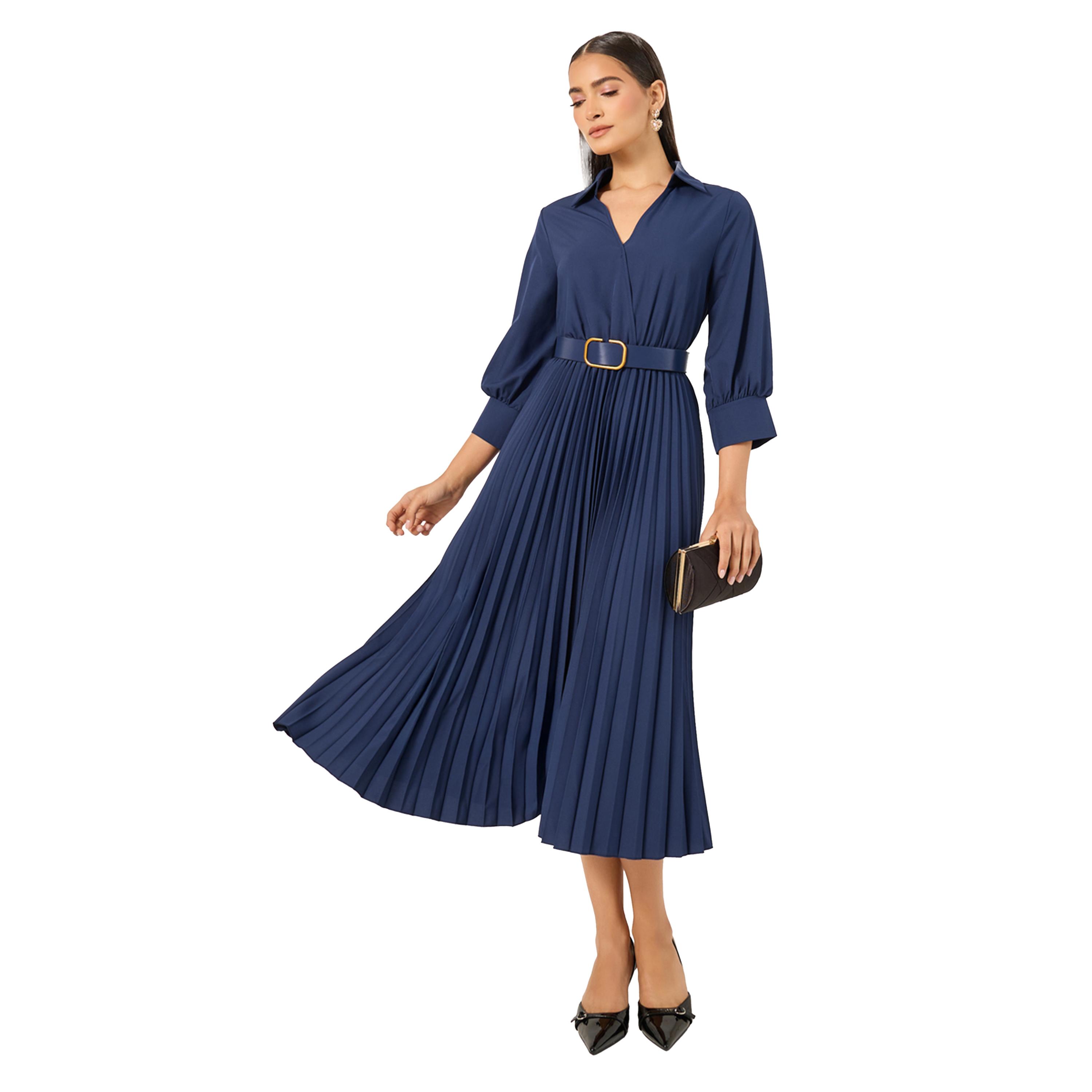 ستايلي- فستان متوسط الطول بأكمام ثلاثة أرباع وحزام على شكل حرف A-women-clothing-dresses-image-2