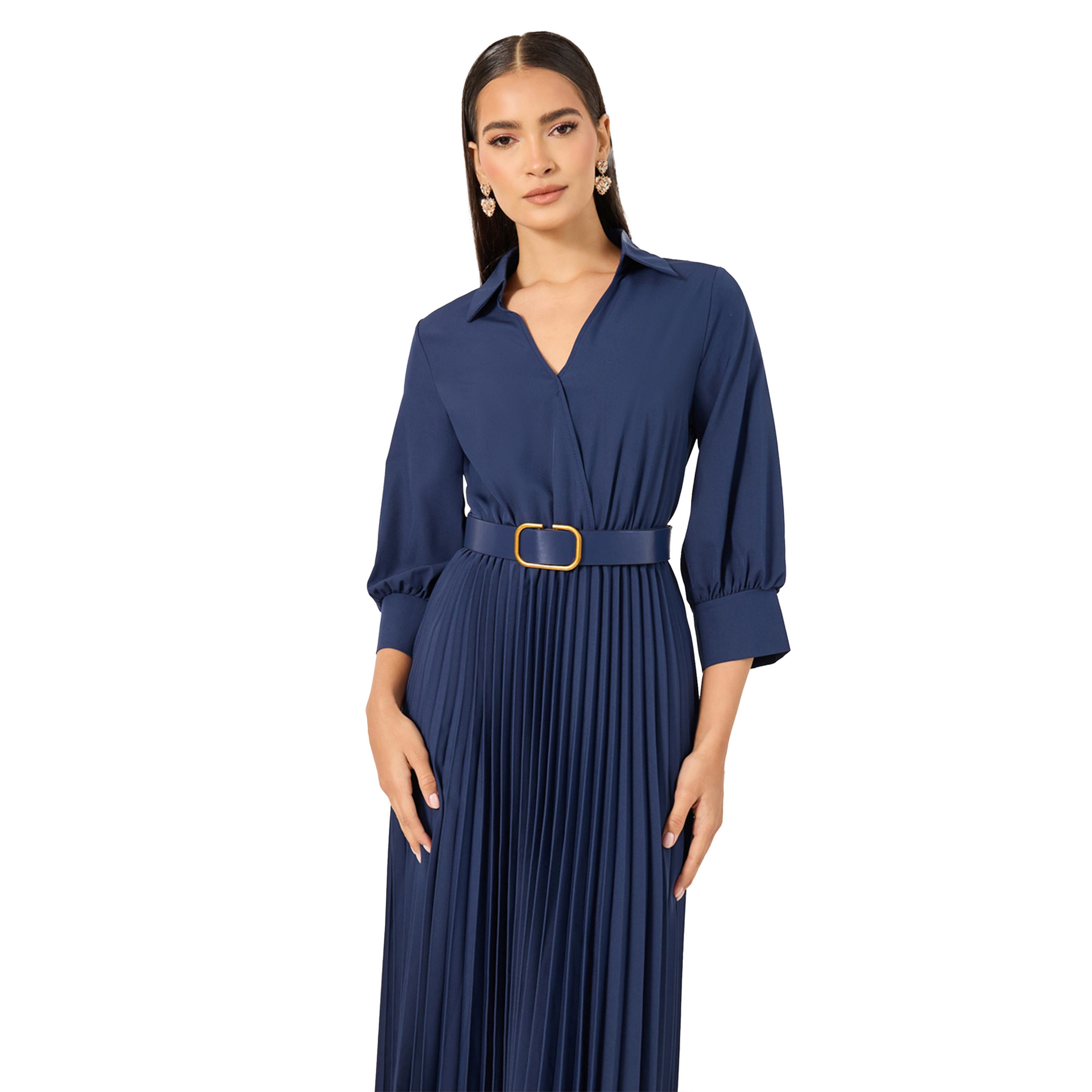 ستايلي- فستان متوسط الطول بأكمام ثلاثة أرباع وحزام على شكل حرف A-women-clothing-dresses-image-3
