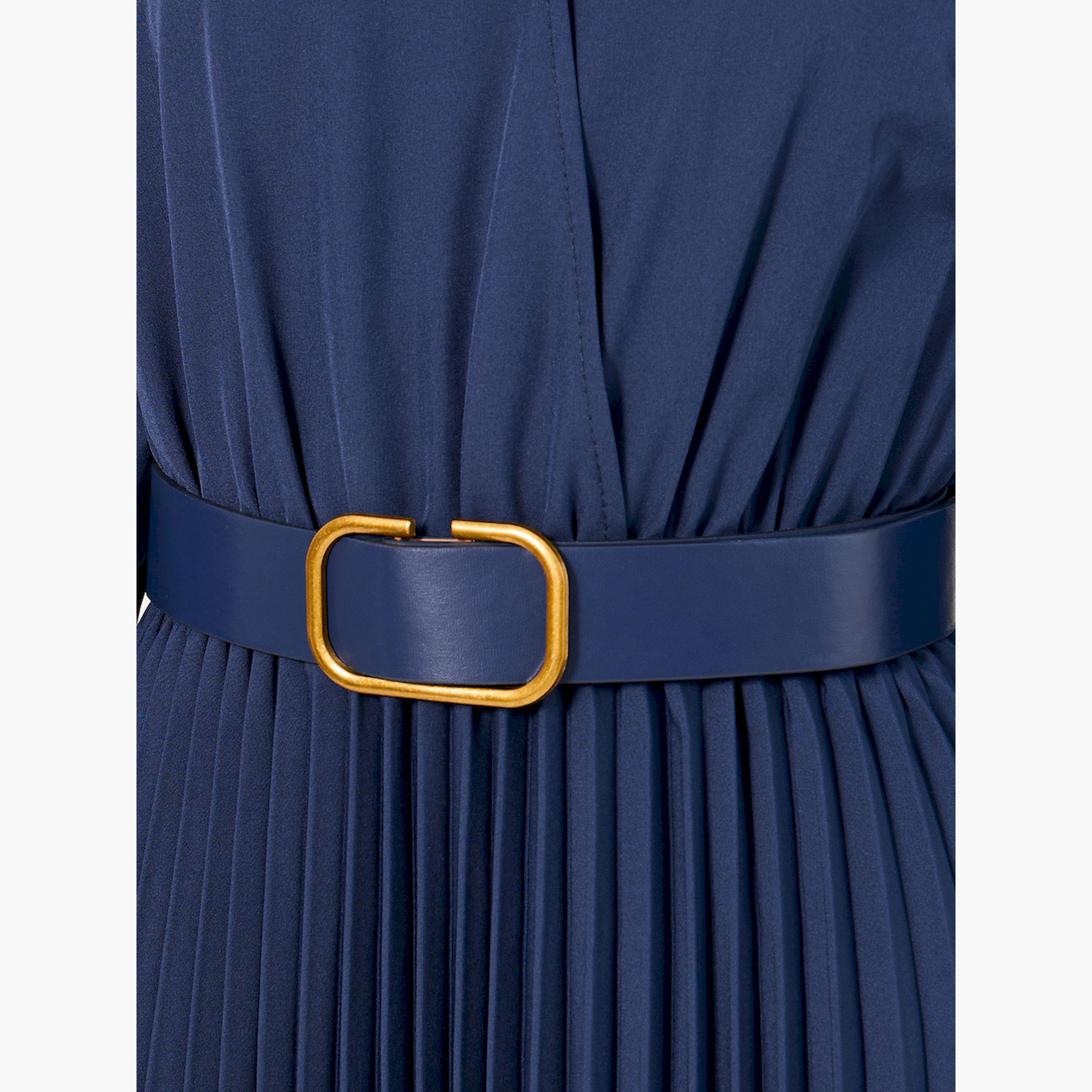 Styli Plain 3/4th Sleeves Belted A-Line Midi Dress-women-clothing-dresses-image-4
