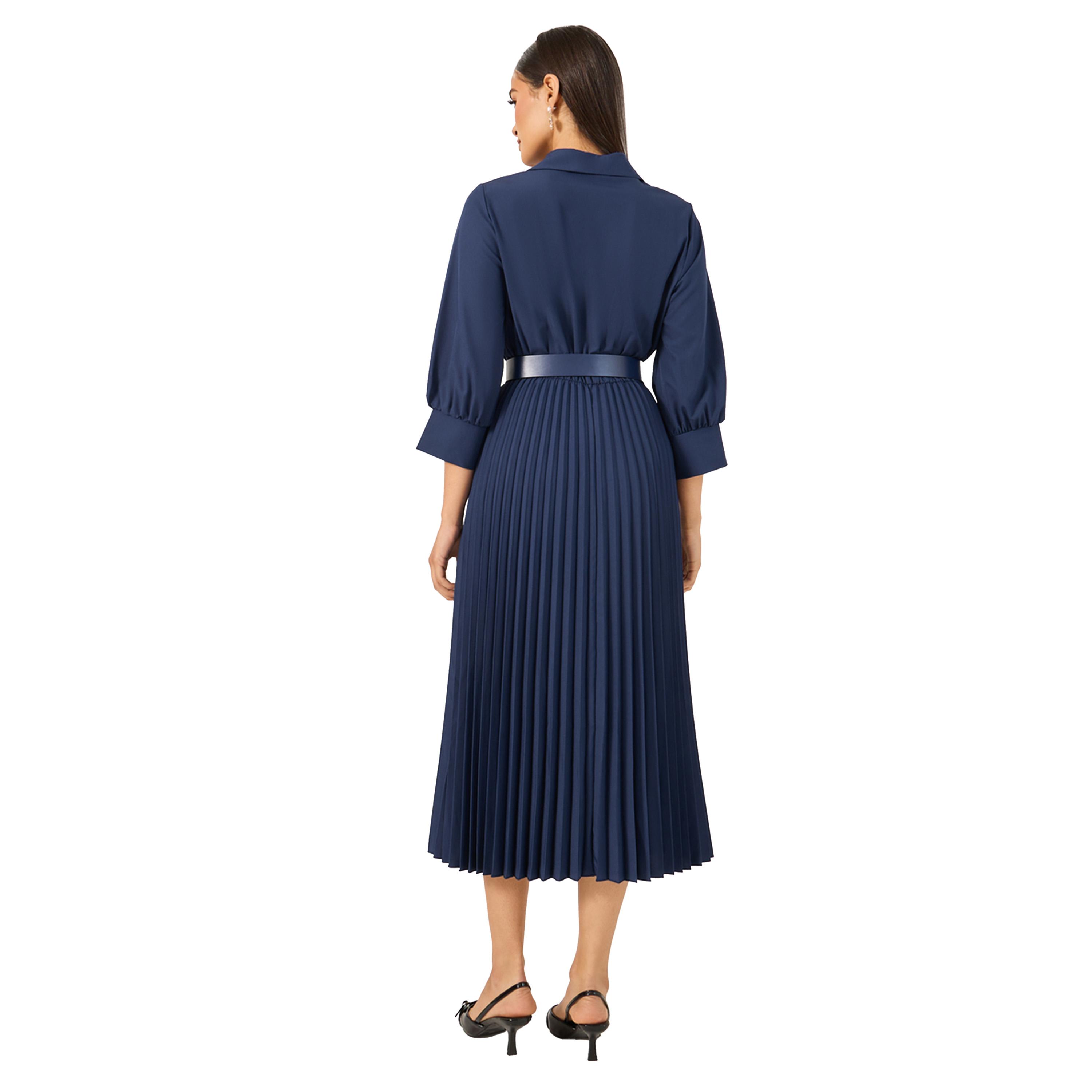 Styli Plain 3/4th Sleeves Belted A-Line Midi Dress-women-clothing-dresses-image-5