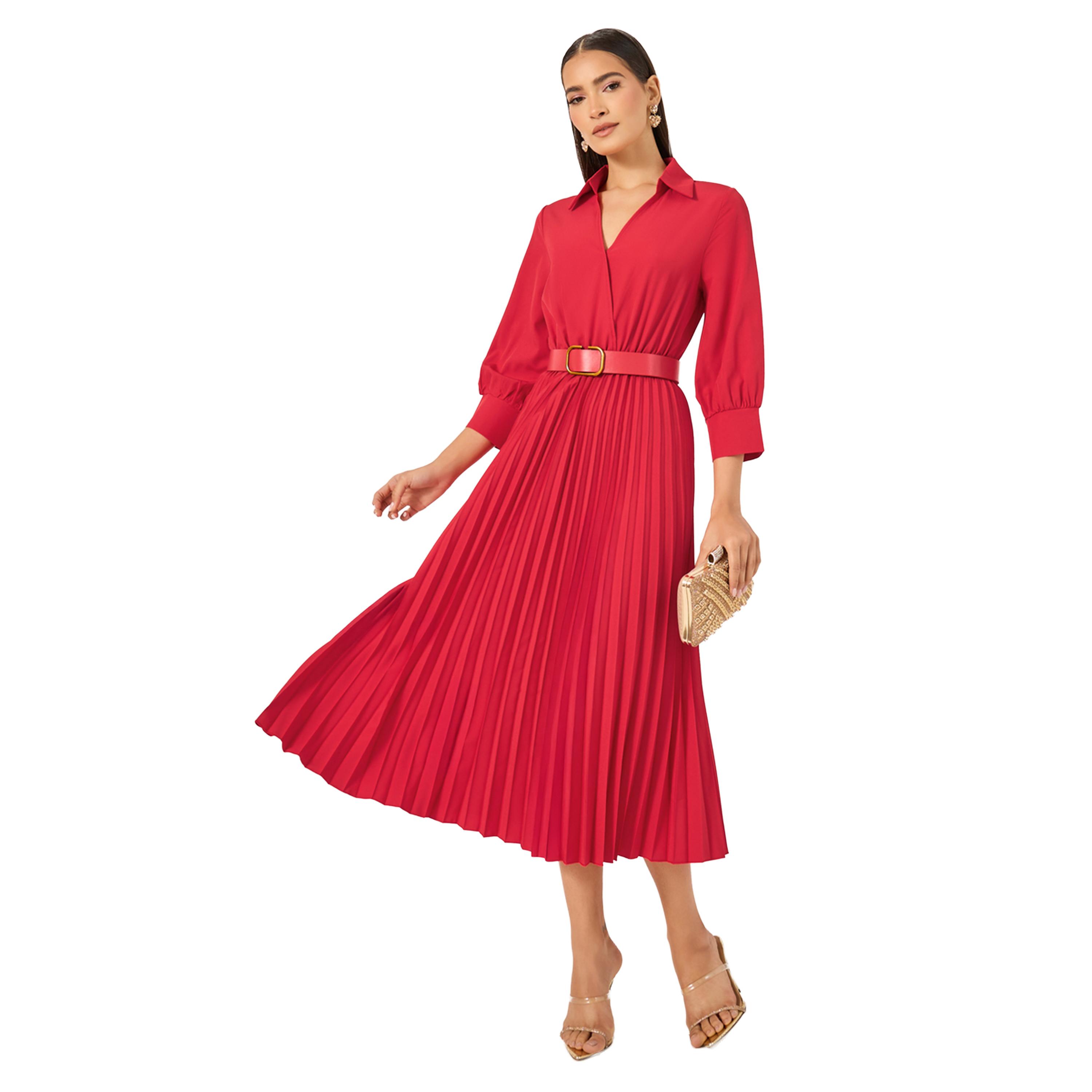 ستايلي- فستان متوسط الطول بأكمام ثلاثة أرباع وحزام على شكل حرف A-women-clothing-dresses-image-1