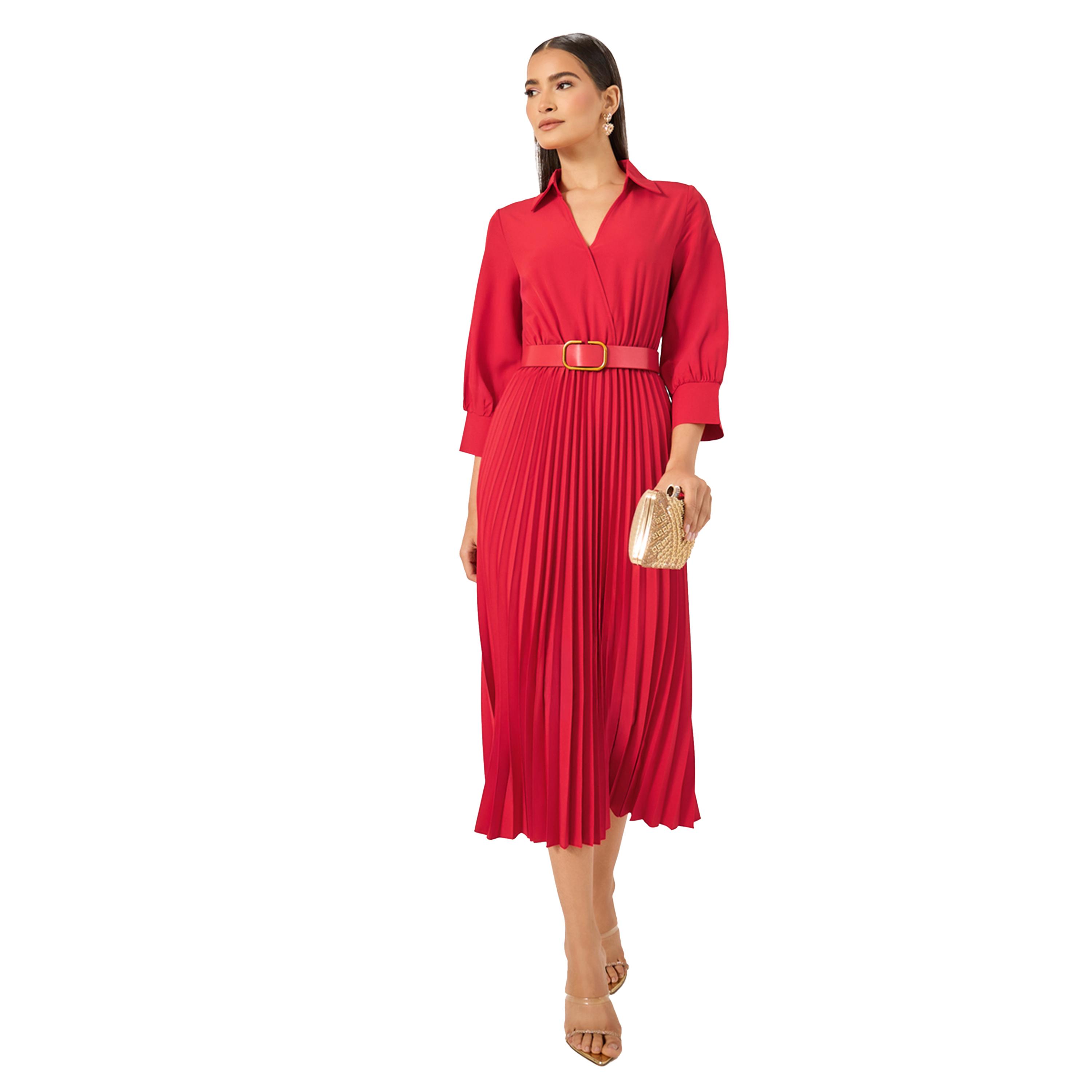 ستايلي- فستان متوسط الطول بأكمام ثلاثة أرباع وحزام على شكل حرف A-women-clothing-dresses-image-2