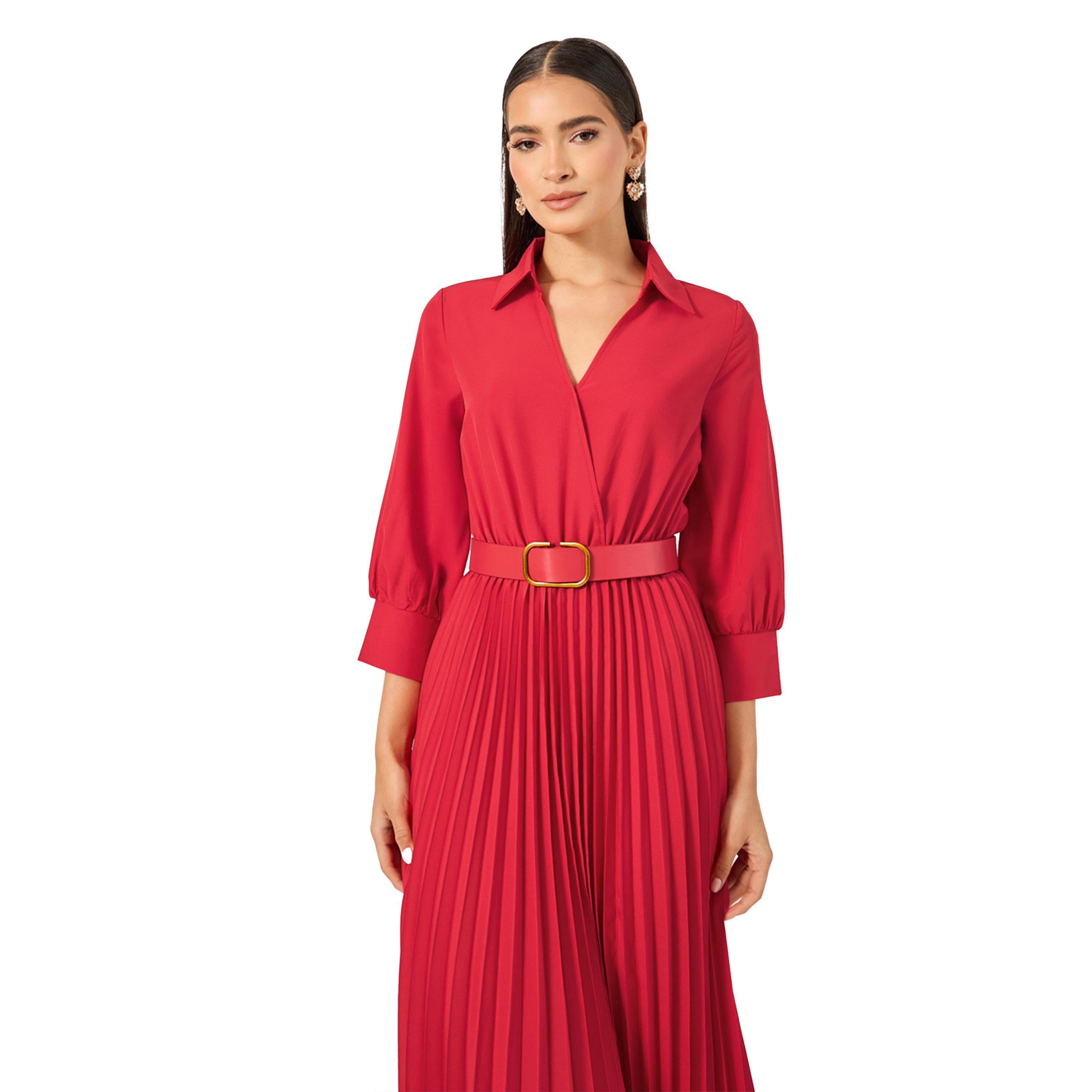 ستايلي- فستان متوسط الطول بأكمام ثلاثة أرباع وحزام على شكل حرف A-women-clothing-dresses-image-3