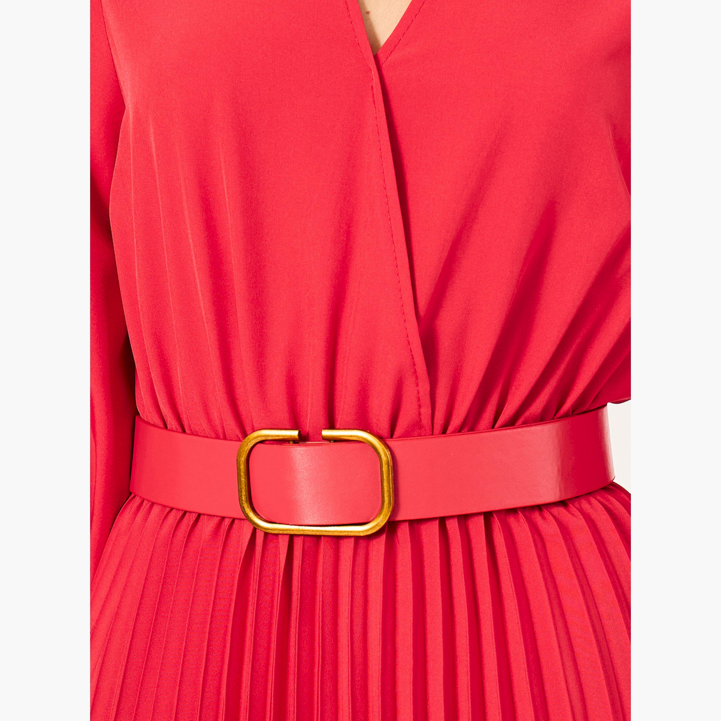 Styli Plain 3/4th Sleeves Belted A-Line Midi Dress-women-clothing-dresses-image-4