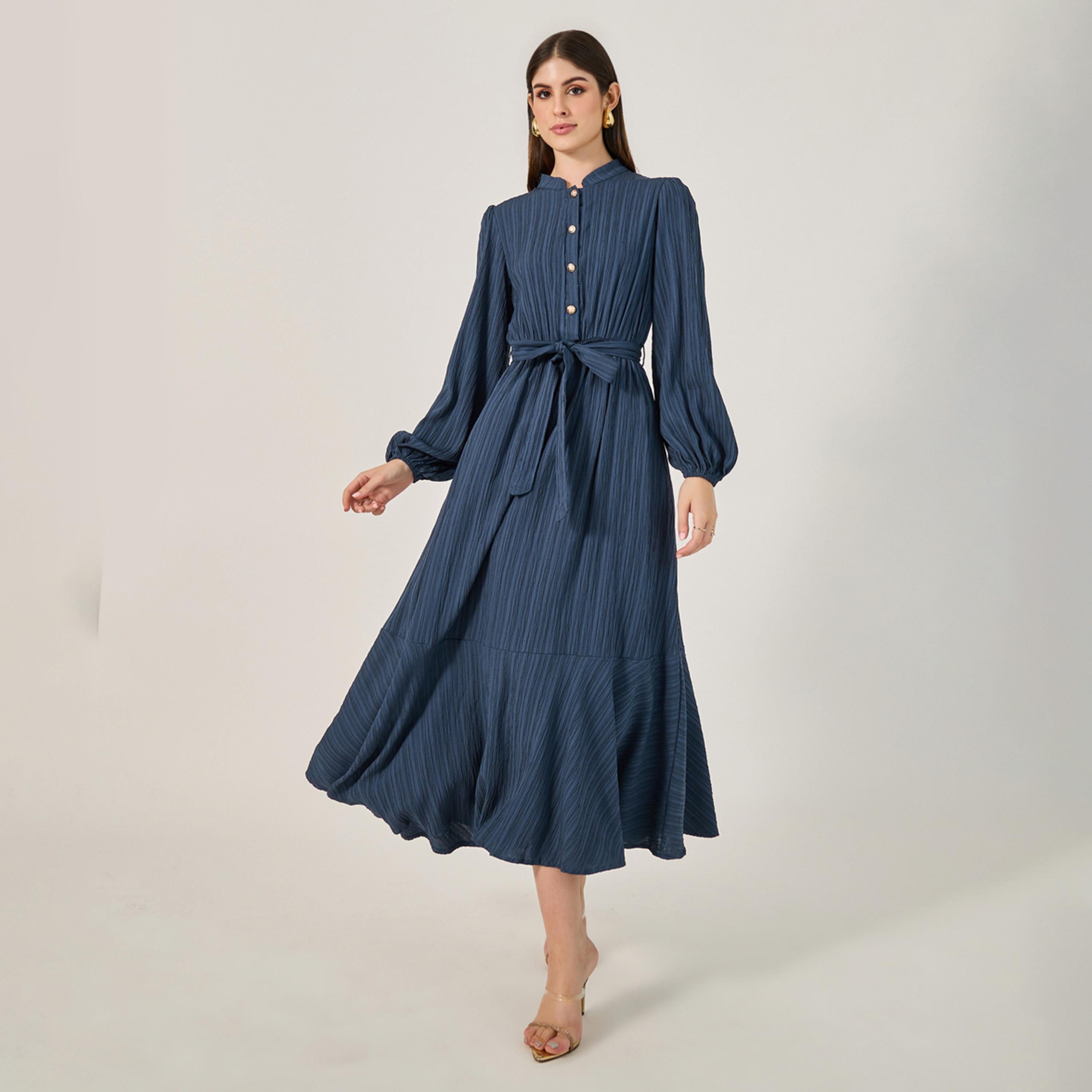 Styli Textured Cuffed Sleeves A-Line Maxi Dress-women-clothing-dresses-image-1