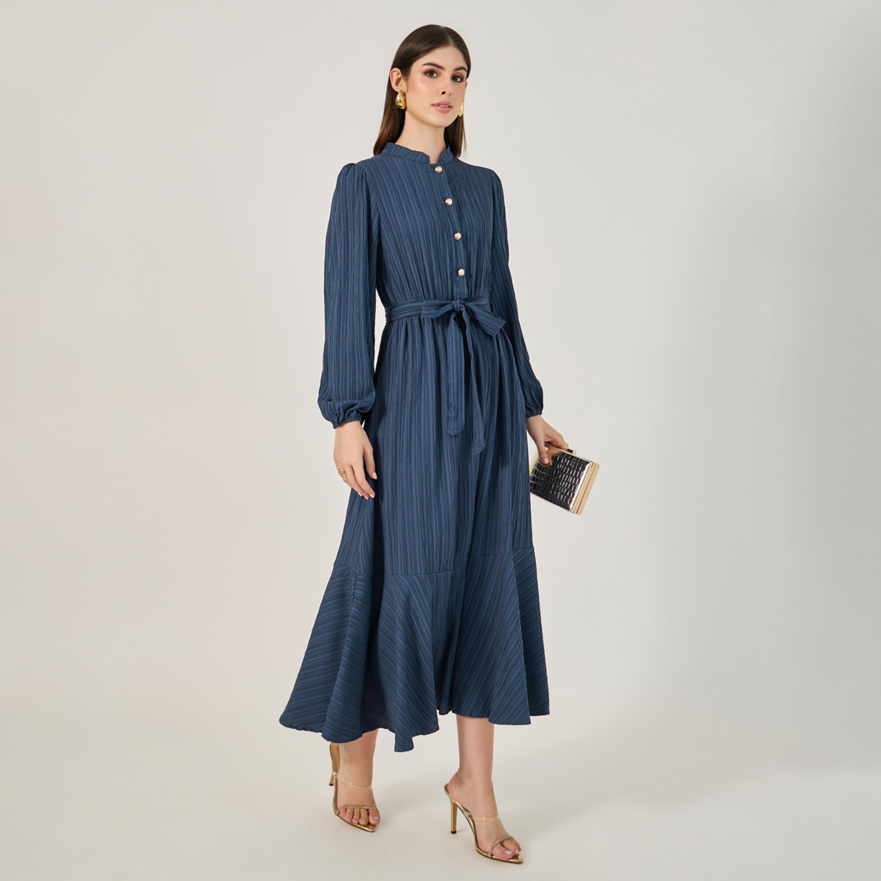 Styli Textured Cuffed Sleeves A-Line Maxi Dress-women-clothing-dresses-image-2