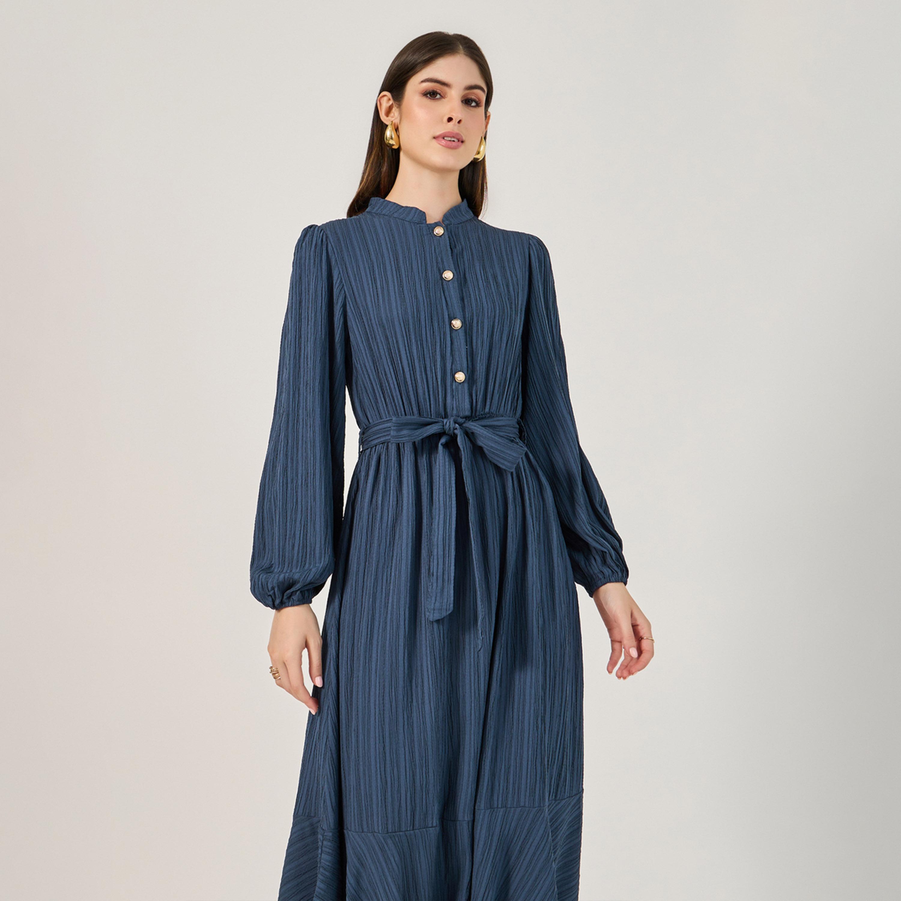 Styli Textured Cuffed Sleeves A-Line Maxi Dress-women-clothing-dresses-image-3