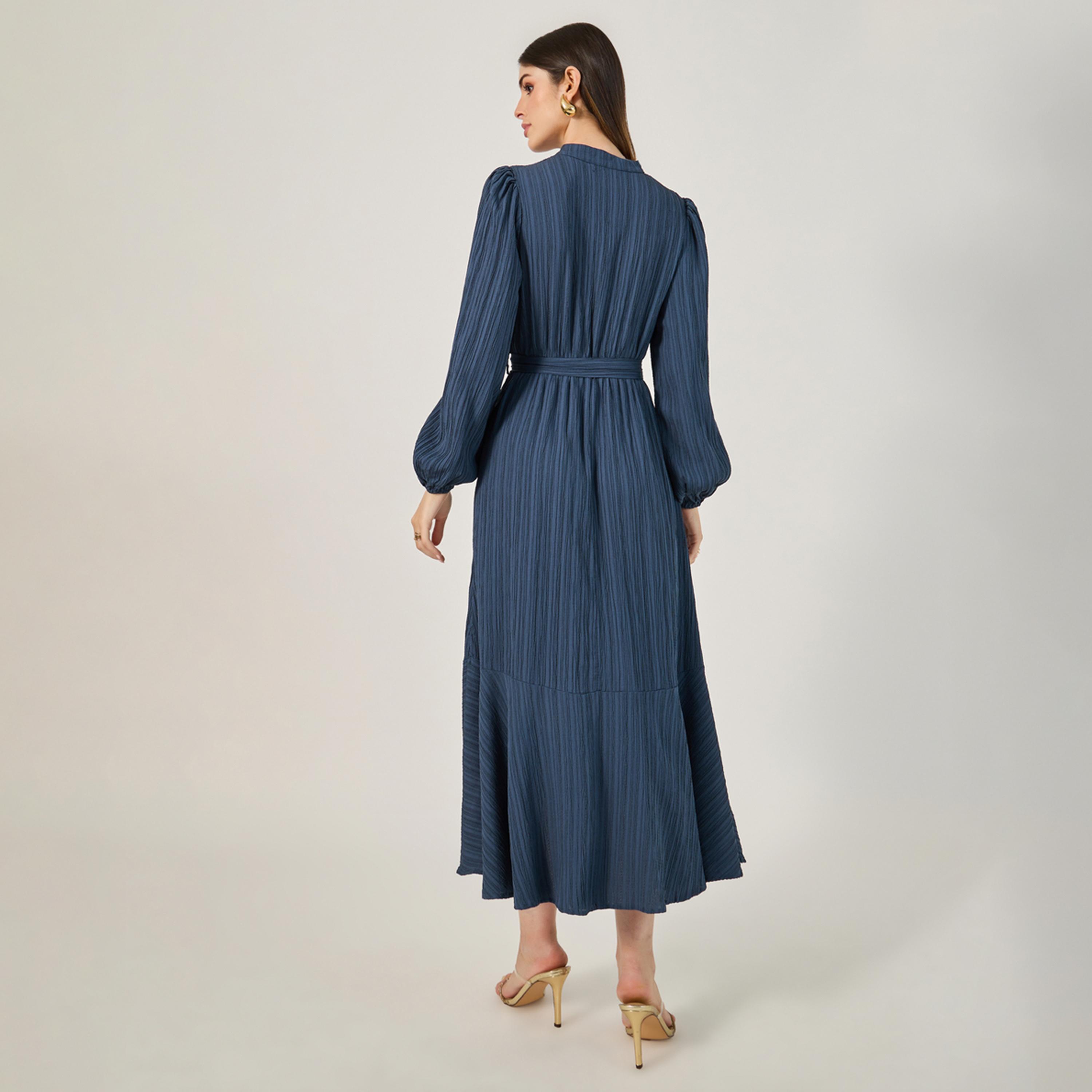 Styli Textured Cuffed Sleeves A-Line Maxi Dress-women-clothing-dresses-image-5