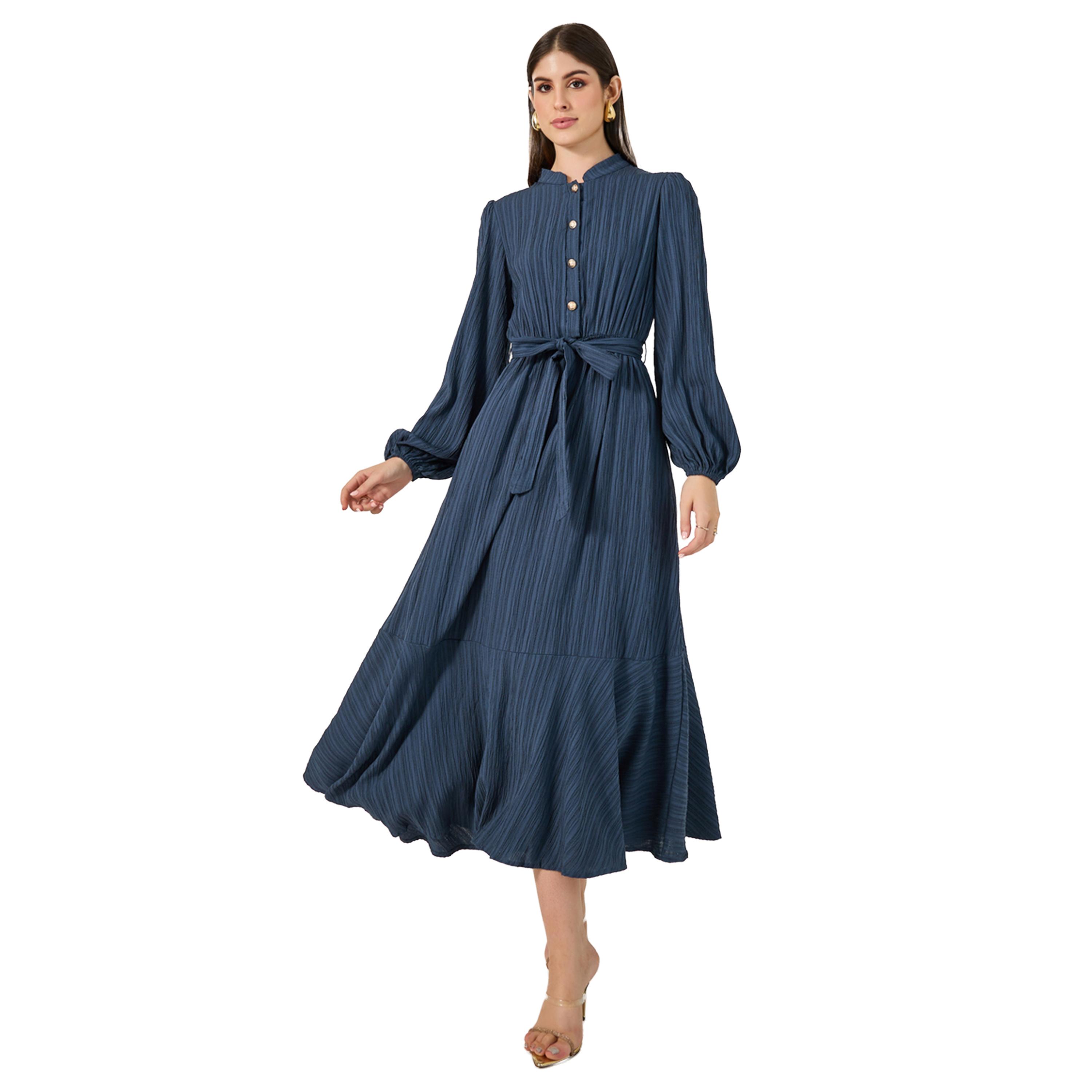 Styli Textured Cuffed Sleeves A-Line Maxi Dress-women-clothing-dresses-image-1
