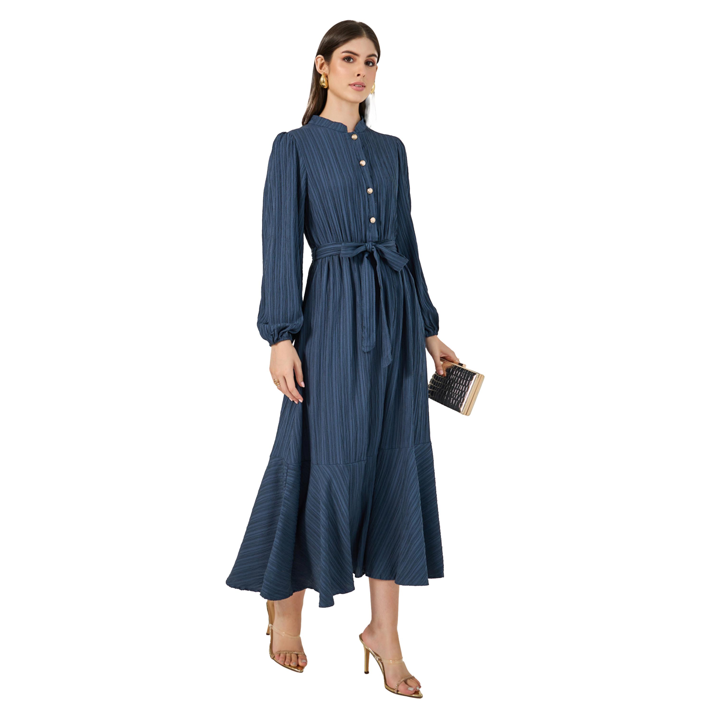Styli Textured Cuffed Sleeves A-Line Maxi Dress-women-clothing-dresses-image-2