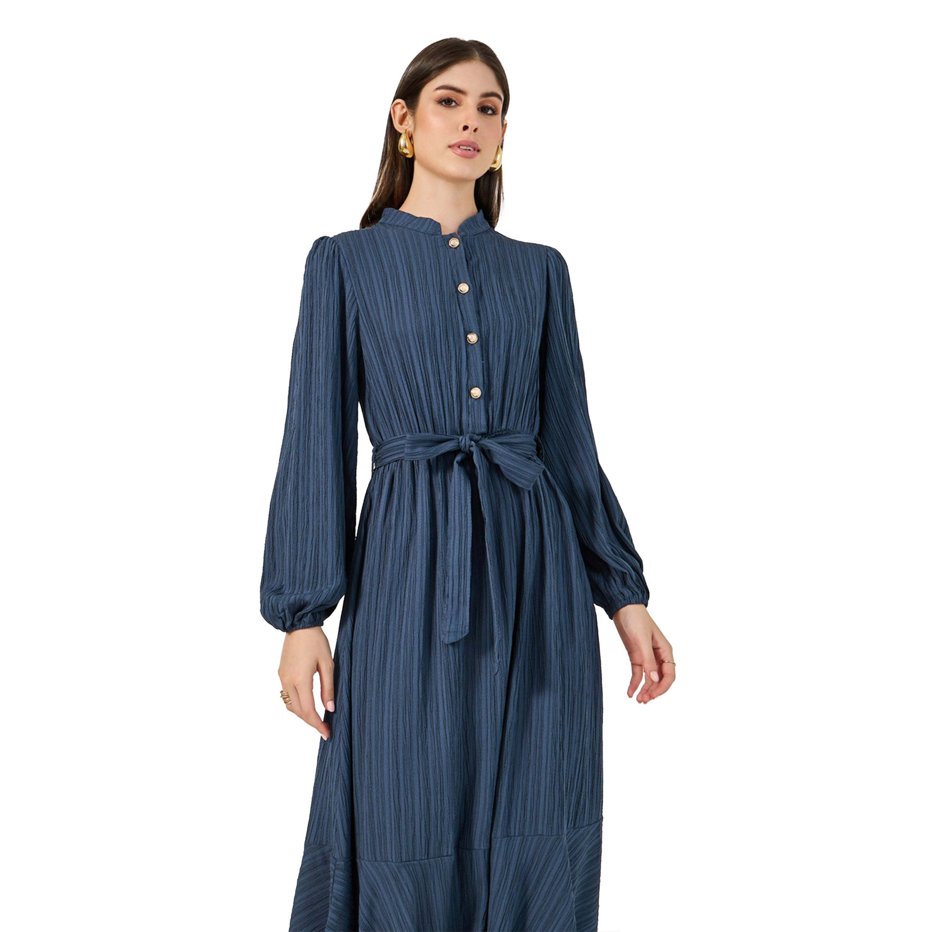 Styli Textured Cuffed Sleeves A-Line Maxi Dress-women-clothing-dresses-image-3