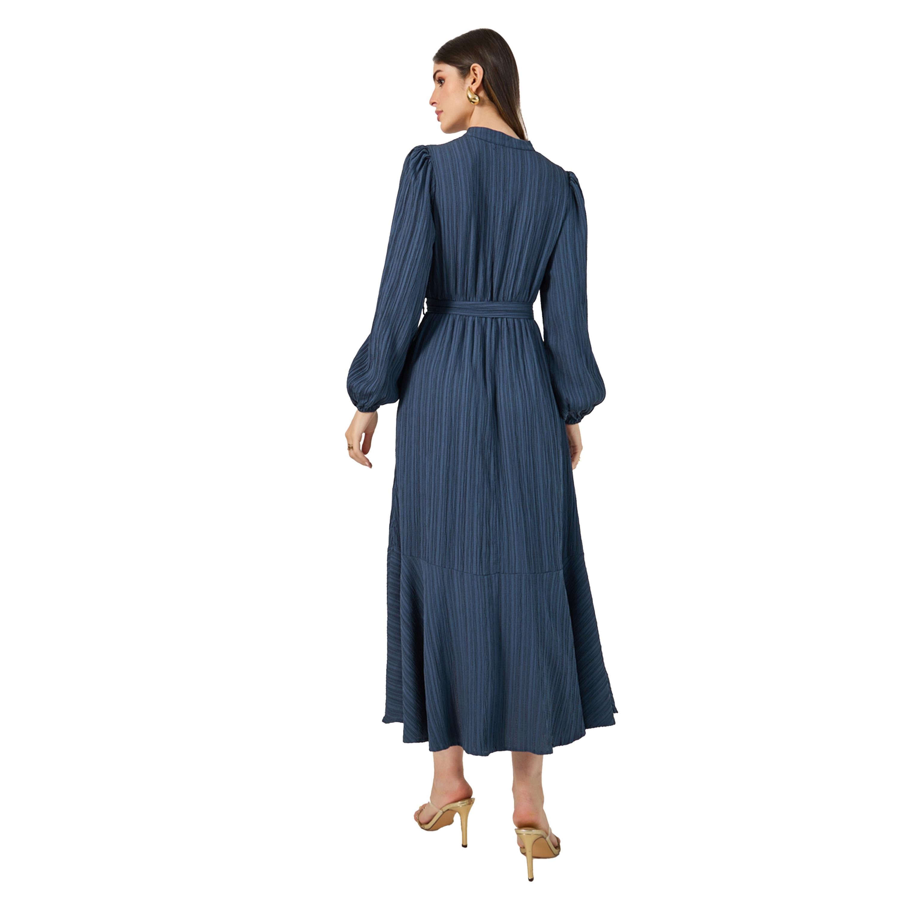 Styli Textured Cuffed Sleeves A-Line Maxi Dress-women-clothing-dresses-image-5