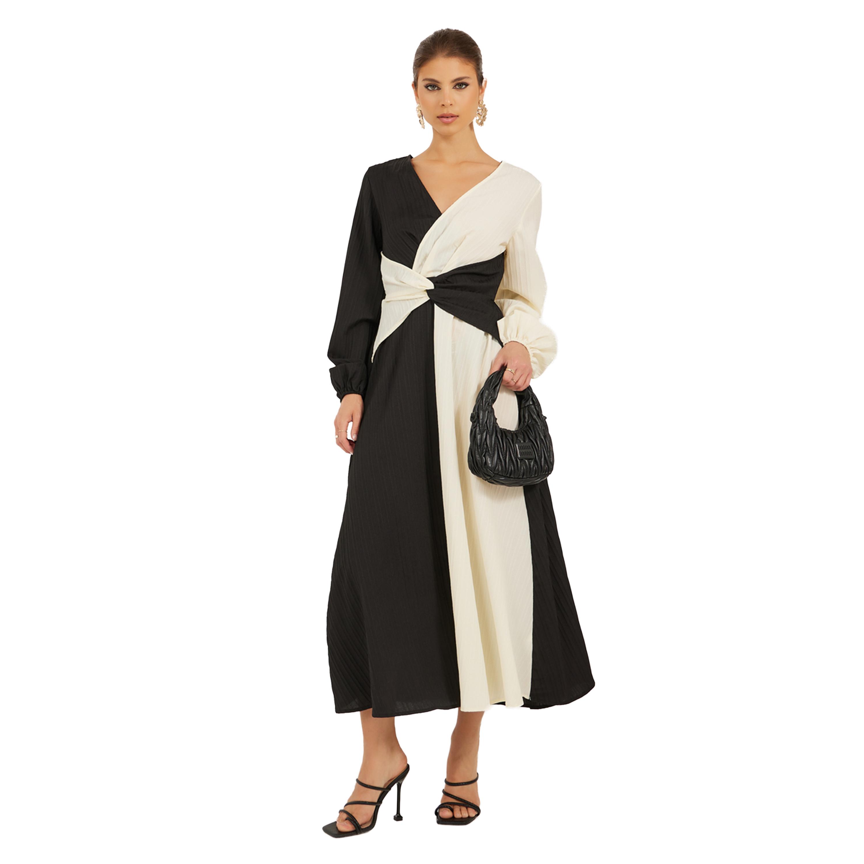 ستايلي - فستان ماكسي بأكمام طويلة وقصّة A بألوان متباينة-women-clothing-dresses-image-1