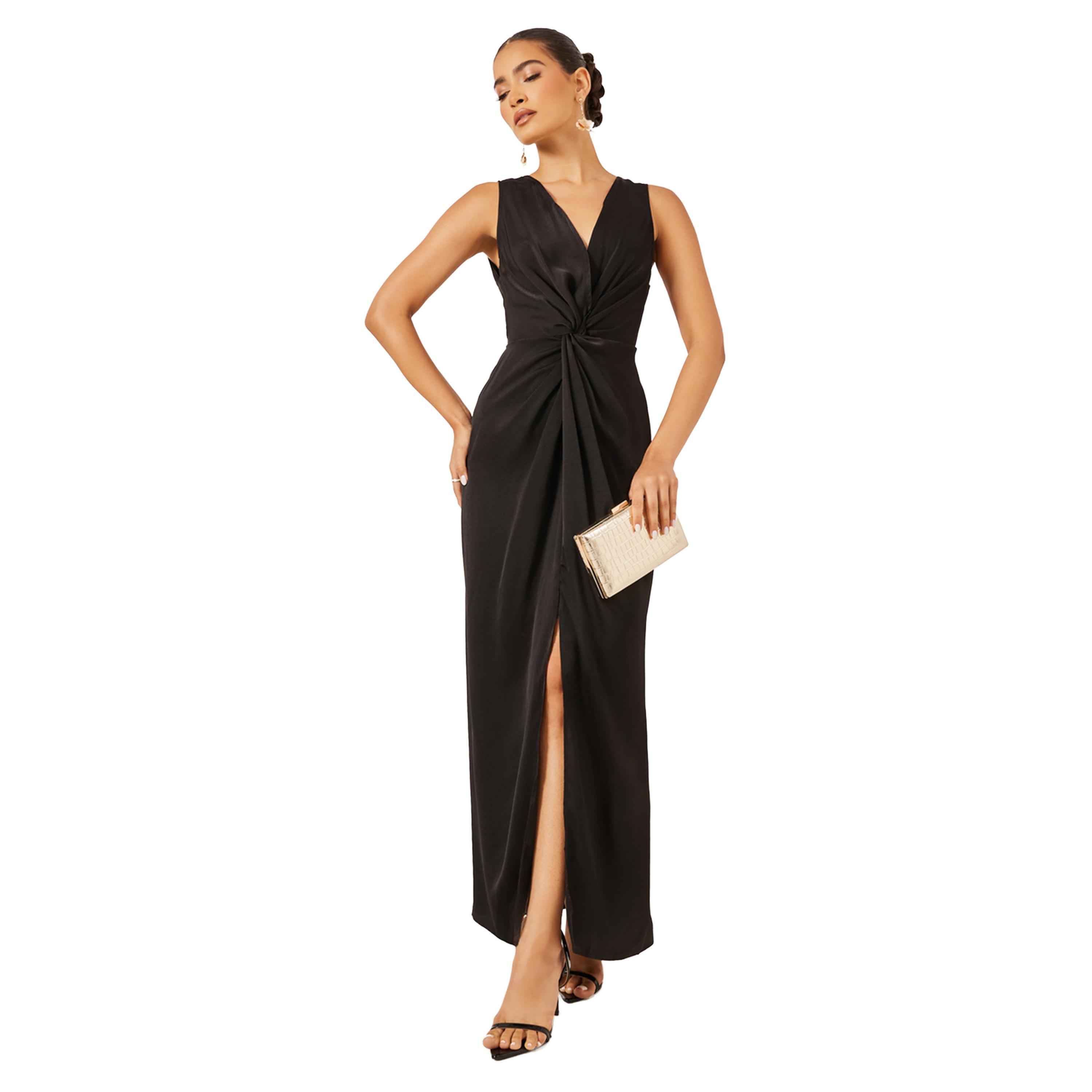 ستايلي -  فستان ماكسي ، بدون أكمام، بعقدة أمامية من الساتان-women-clothing-dresses-image-1