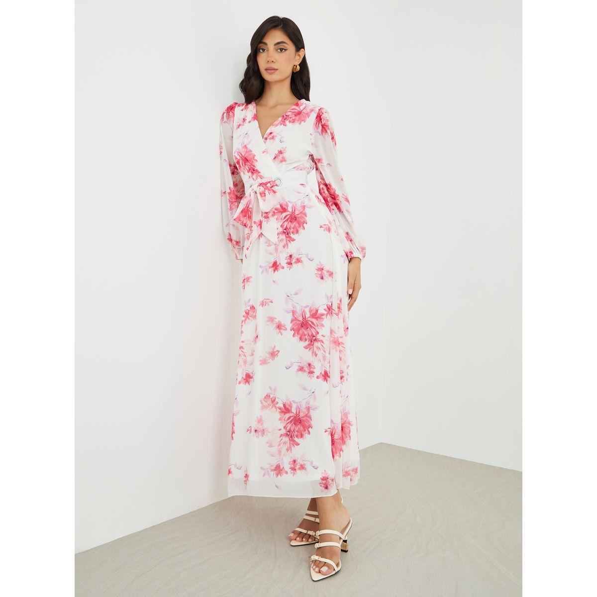 Styli Floral Print V Neck Chiffon A-Line Maxi Dress-women-clothing-dresses-image-1