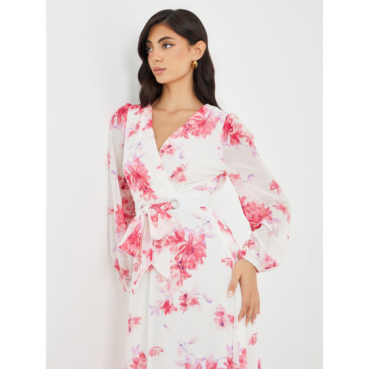 Styli Floral Print V Neck Chiffon A-Line Maxi Dress-women-clothing-dresses-image-3