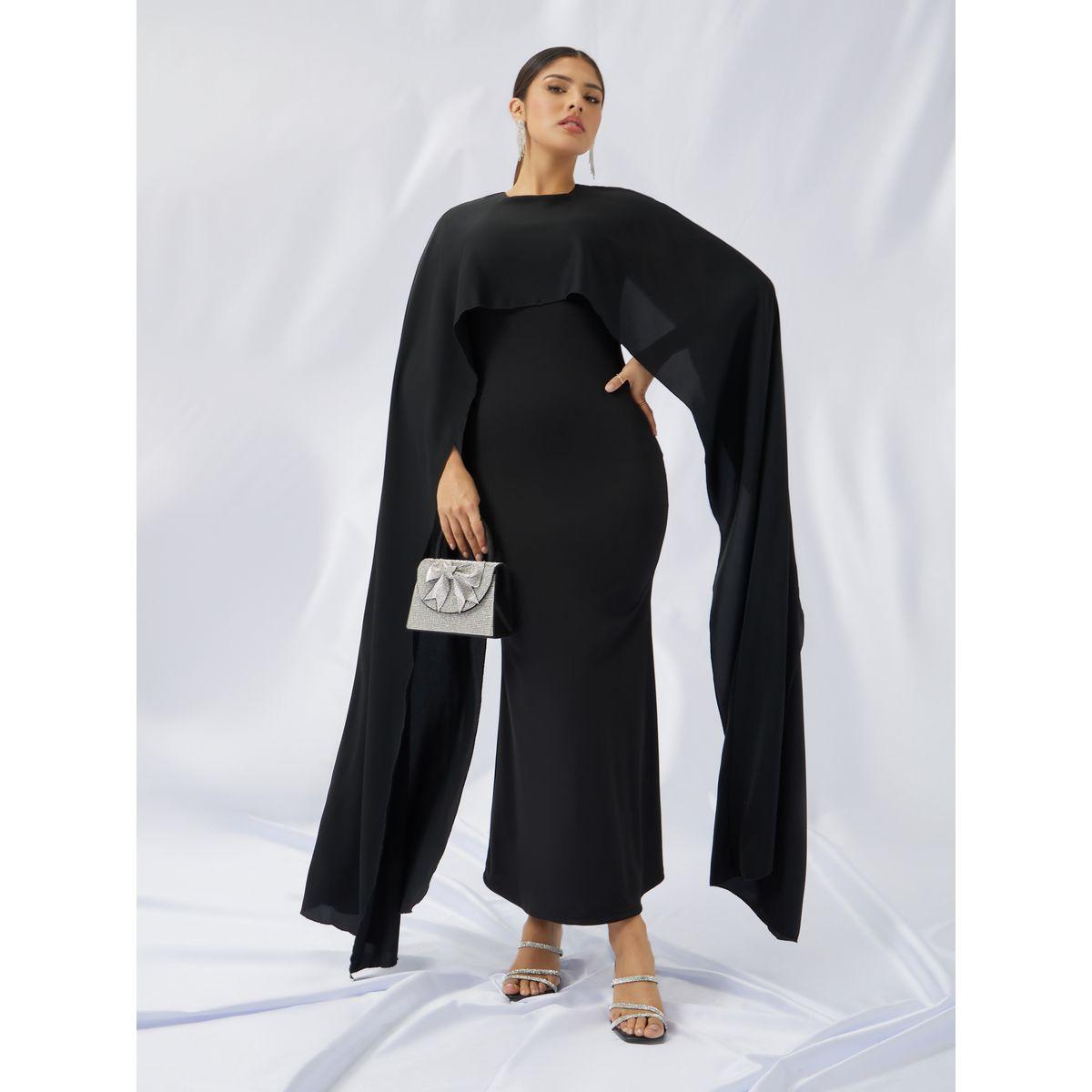 فستان طويل سادة بأكمام كيب-women-clothing-dresses-image-1